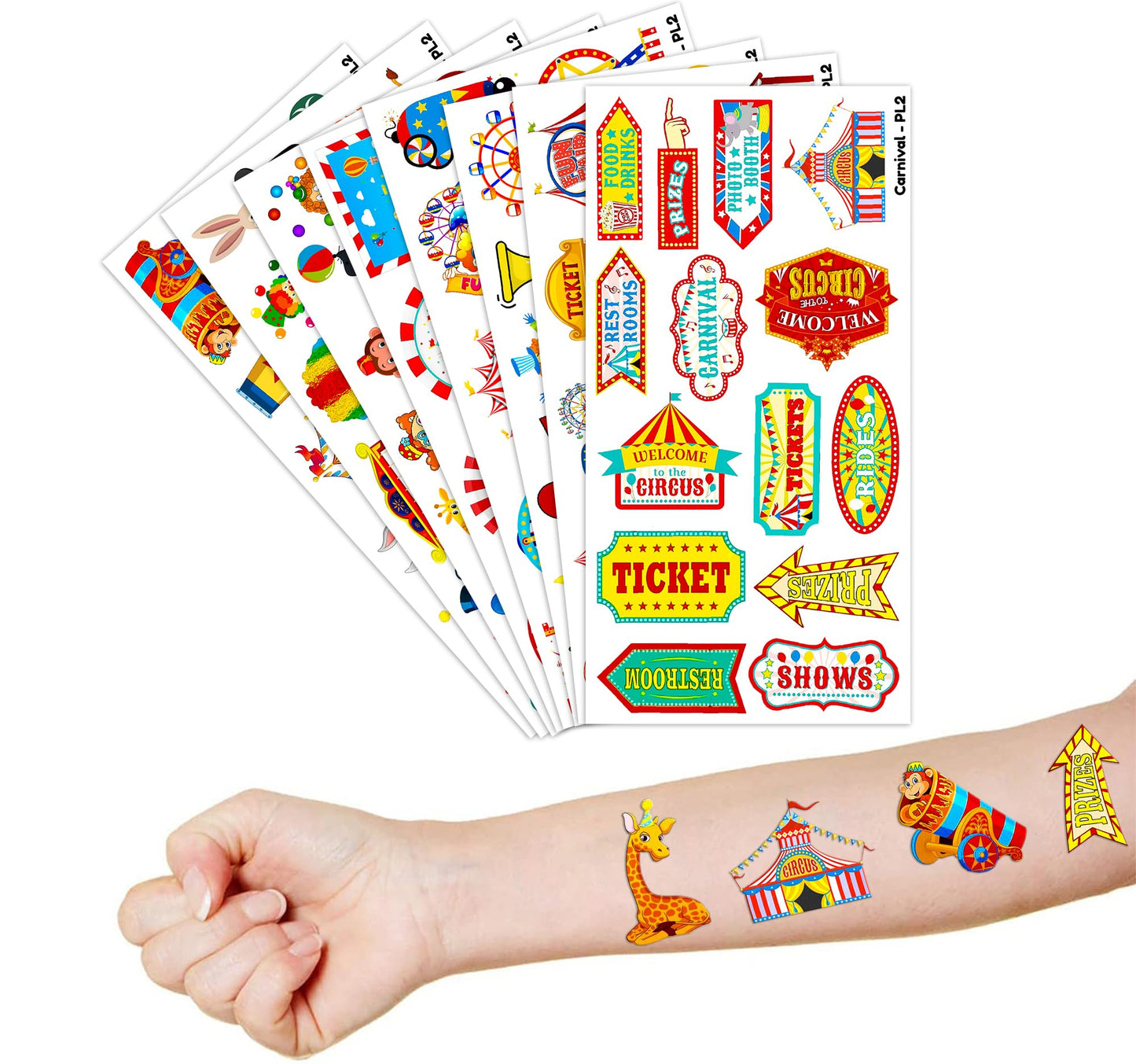 96 PCS Funny Carnival Temporary Tattoos for Kids, Carnival Circus Animals