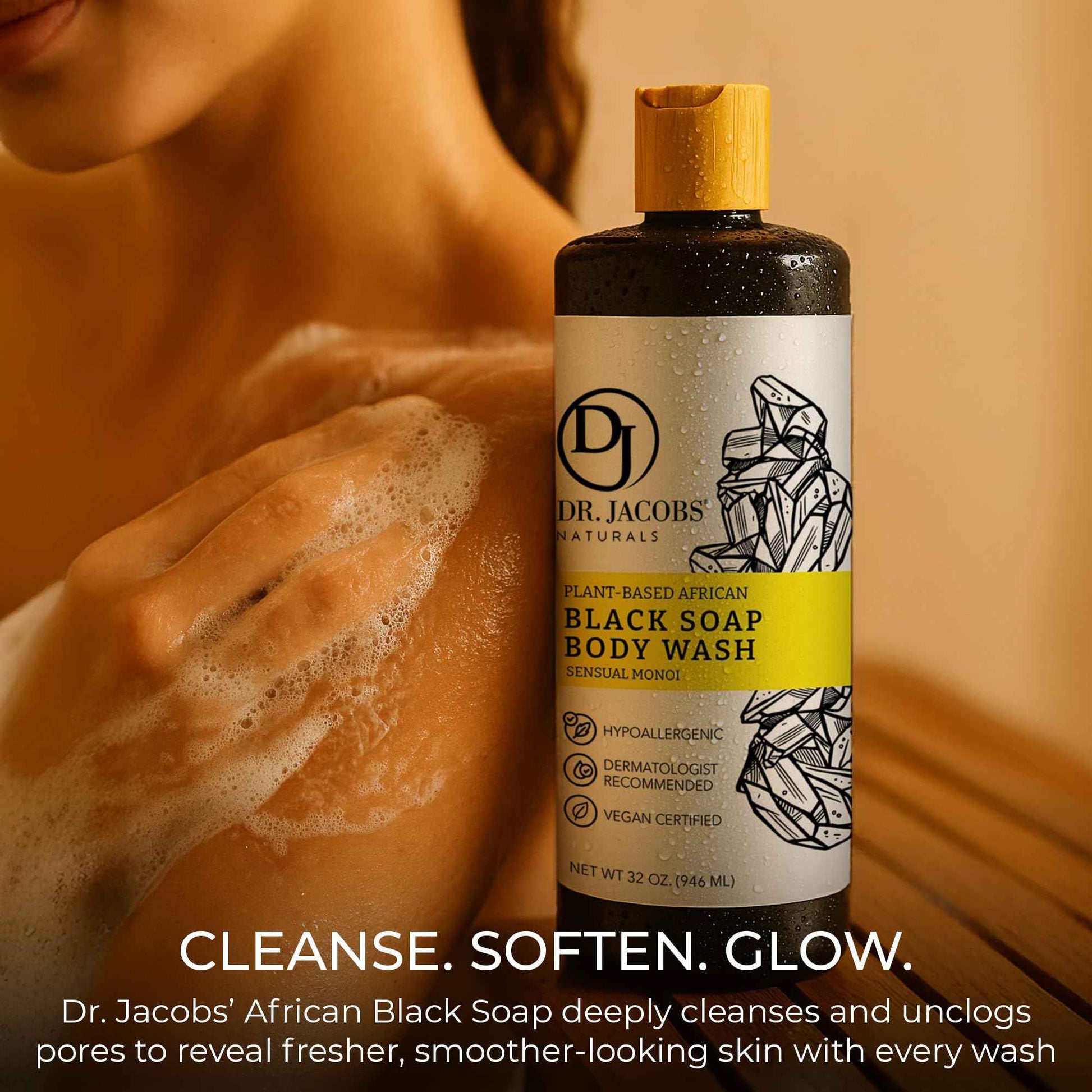 Dr Jacobs Naturals Authentic African Black Liquid Soap with Sensual Monoi Scent | All-In-One Face Wash, Sensitive Skin Body Wash, Shampoo, Shaving Soap | Moisturizing and Nourishing Formula | 16oz 2pk