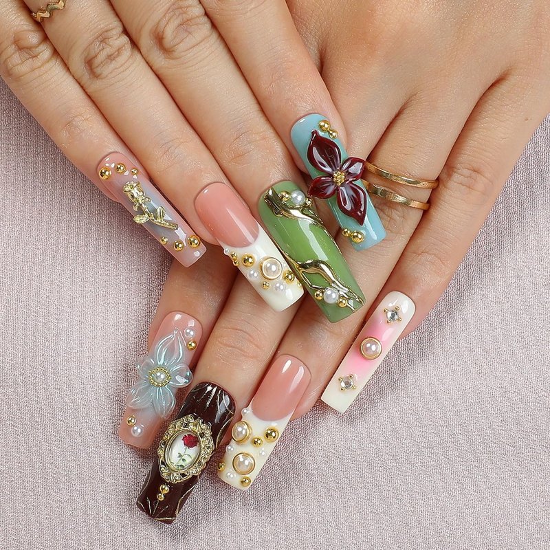 Handmade Press on Nails Long Square Fake Nails Luxury Pearl Rhinestone & 3D Flower Art Designs Salon Quality Acrylic Nails French Tip Gold Rose Steel Ball False Nails Stick on Nail for Women（Size M)
