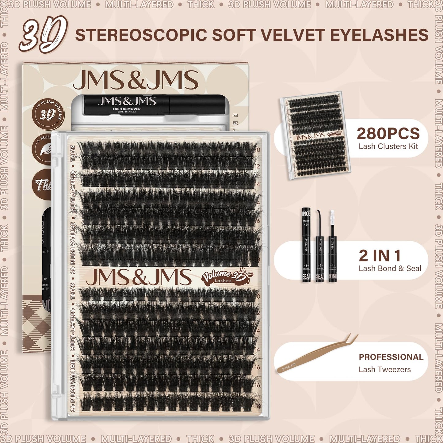 JMS&JMS Lash Clusters Kit 100D with Lash Spikes Eyelash Clusters with DIY Spikes 13-21MM Spiky Volume Cluster Eyelash Extensions Wispy Individual Lash Extensions Kit at Home (100D, 12-18mix Kit)
