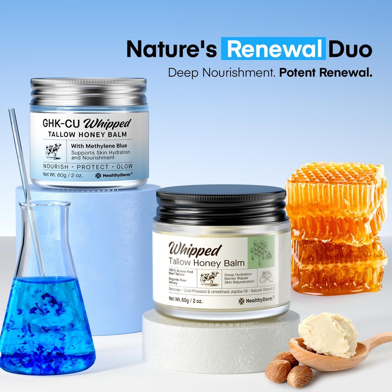 HealthyDerm Beef Tallow Balm Duo – Copper Peptide Blue Balm + Honey Tallow Moisturizer – Natural Face & Body Care for Dry, Mature & Sensitive Skin – 4oz Total