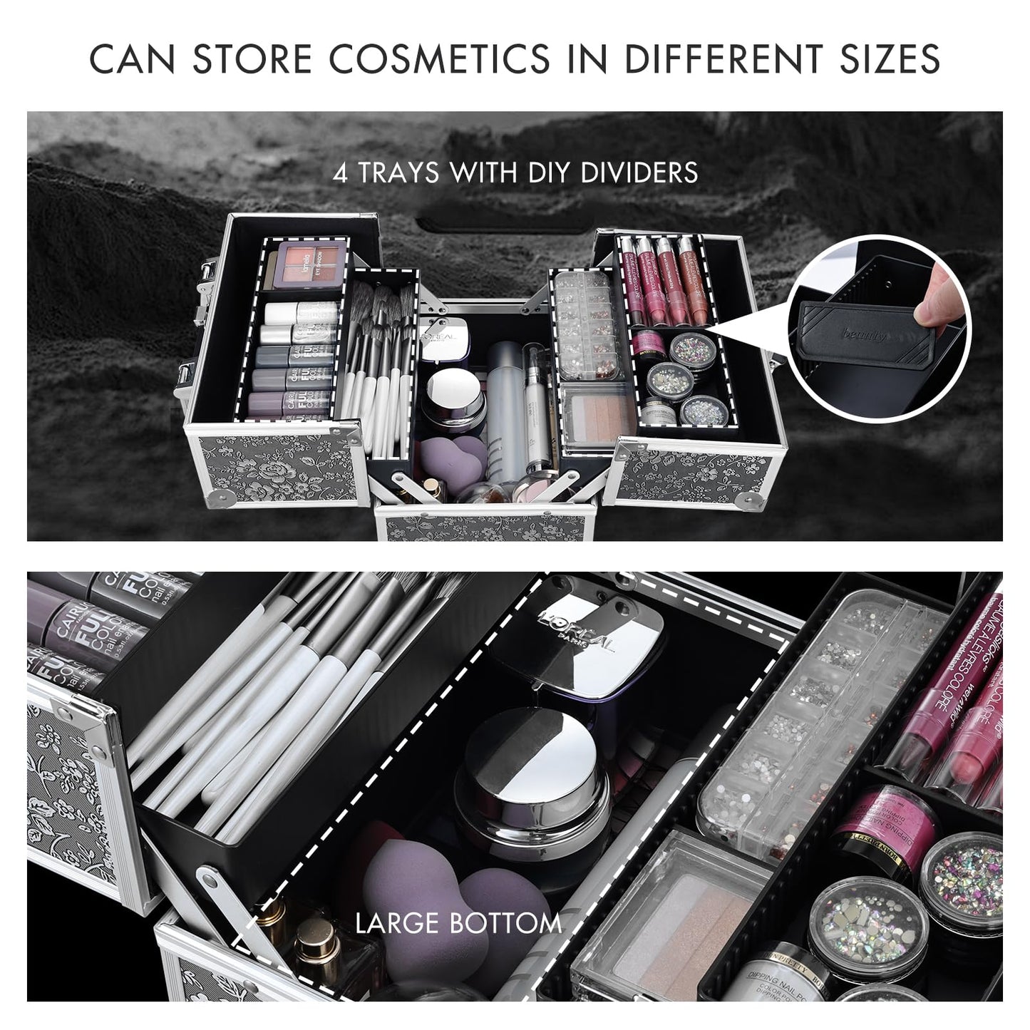 Frenessa Makeup Case Makeup Box Cosmetic Organizer Case Portable Make Up Travel Case Storage Box 4 Trays with Dividers Lockable Hard Train Case Nail Tech Supply Storag Silver Floral