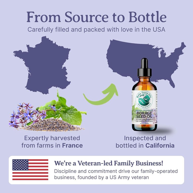 Organic Borage Seed Oil - 4 oz Pure Oil Rich in GLA & Omega-6 | Elevate Skin Radiance & Softness