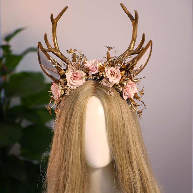 Handmade Gold Flower Antler Headband - Woodland Floral Reindeer Hairpiece for Women | Pink Rose Cosplay Accessory