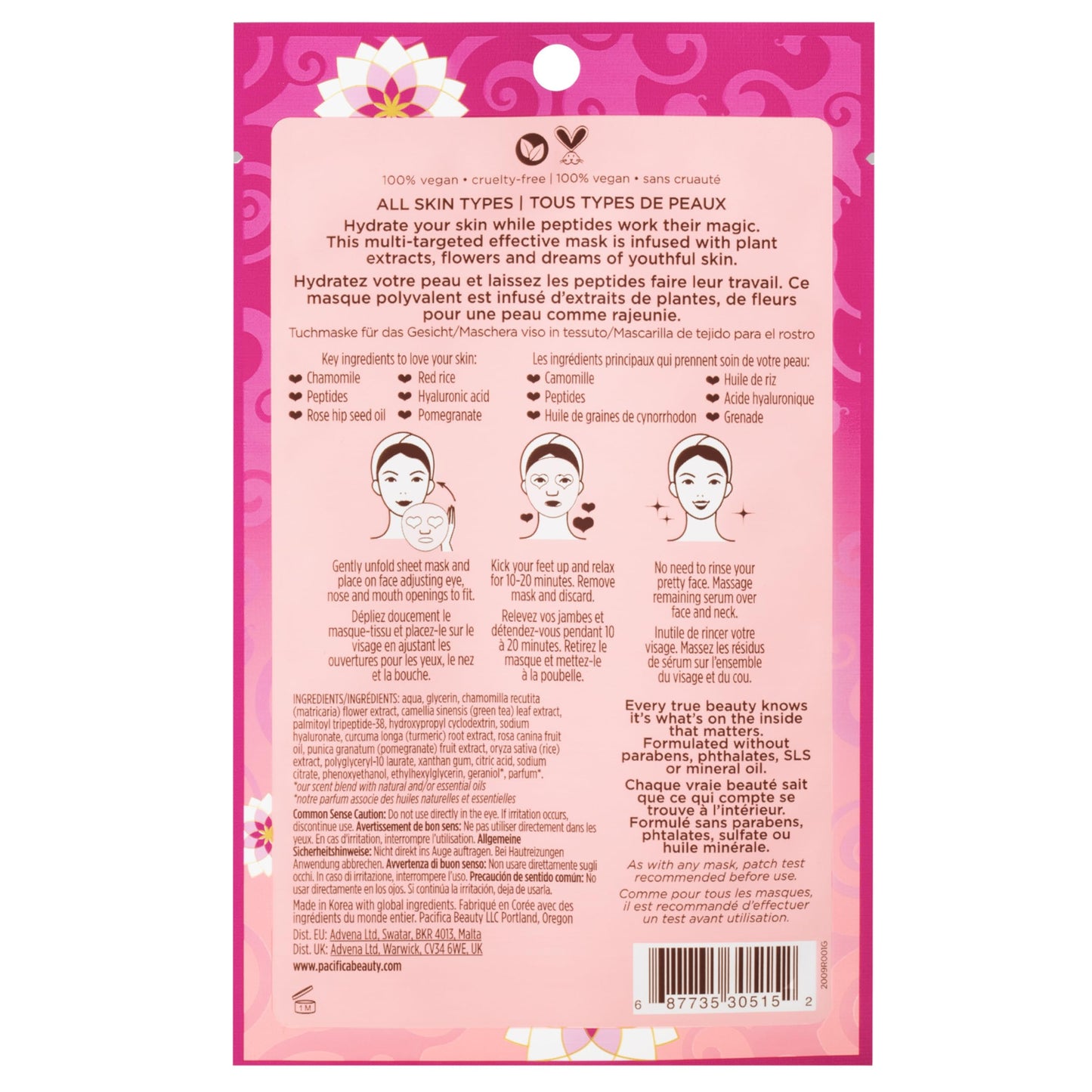 Pacifica Disobey Time Rose & Peptide Facial Sheet Mask 12-PACK Hydrating Anti-Aging Mask for Fine Lines & Dry Skin Infused w/Hyaluronic Acid & Chamomile Vegan & Cruelty-Free Dermatologist Tested