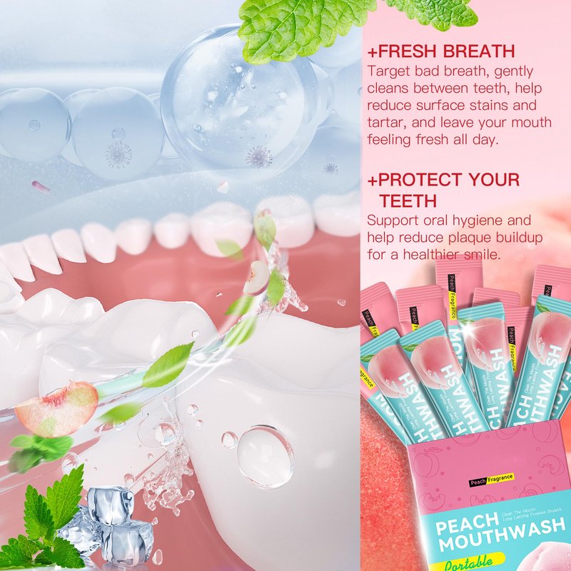 Liillya Mouthwash Travel Size Packets, Individual Portable Mouthwash Alcohol Free, Peach Mint Flavor, Mouth Wash for Adults, Fresh Breath, Oral Care, Teeth & Gum Health, TSA Compliant, 20 Packs