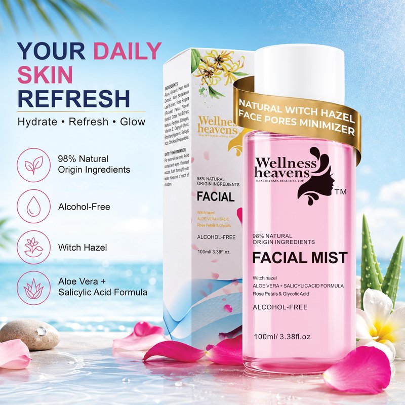 Hydrating Witch Hazel Face Toner with Aloe Vera & Glycolic Acid – Rose Petal Pore Minimizing Facial Toner for Acne Prone Skin, Blackheads, Oily & Combination Skin – Alcohol Free Daily Glow Toner 100ml