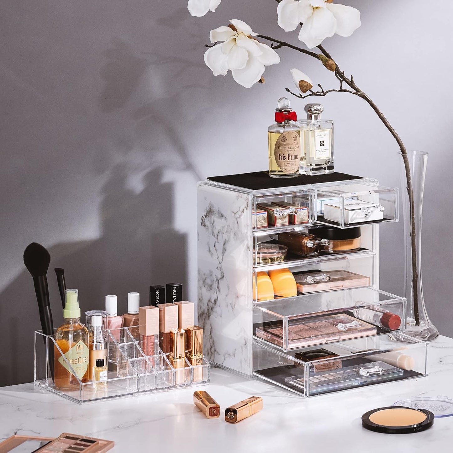 Acrylic Makeup Organizer Set - 6-Drawer Vanity & Countertop Storage | Marble Print for Brushes & Jewelry