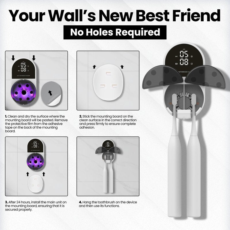 Jetfresh UV Toothbrush Sanitizer Holder | Wall Mounted UV-C Toothbrush Cleaner | Tooth Brush Sanitizer Holder Auto Shut-Off, USB Rechargeable, Fits All Brushes, Bathroom Organizer