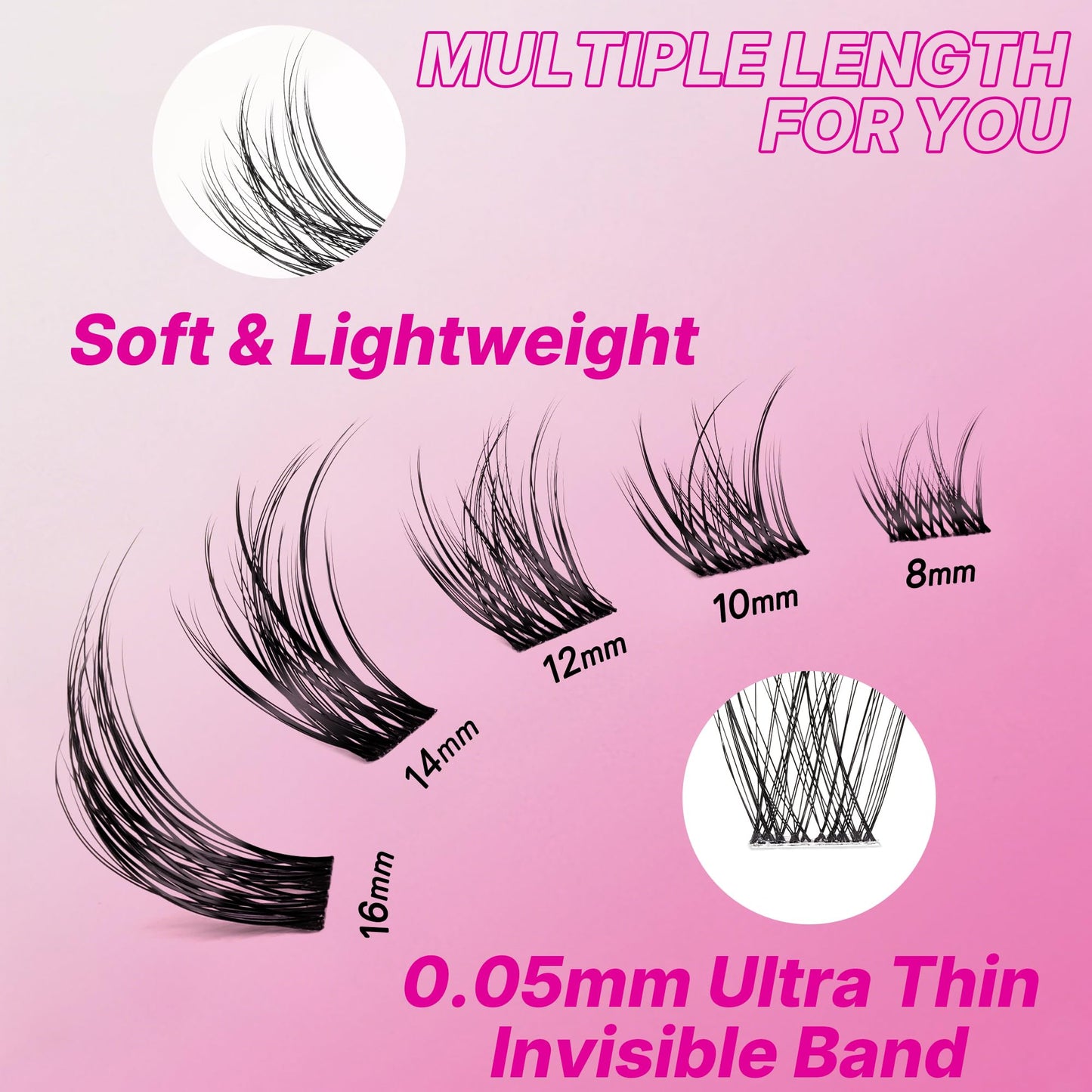 VEYESBEAUTY Lash Clusters Individual Eyelash Extensions Thin & Invisible Band DIY False Eyelashes for Self-application Newbie's Five-Second Series Wispy Lash Tray, LuxeBold 8-16mm Mixed Length
