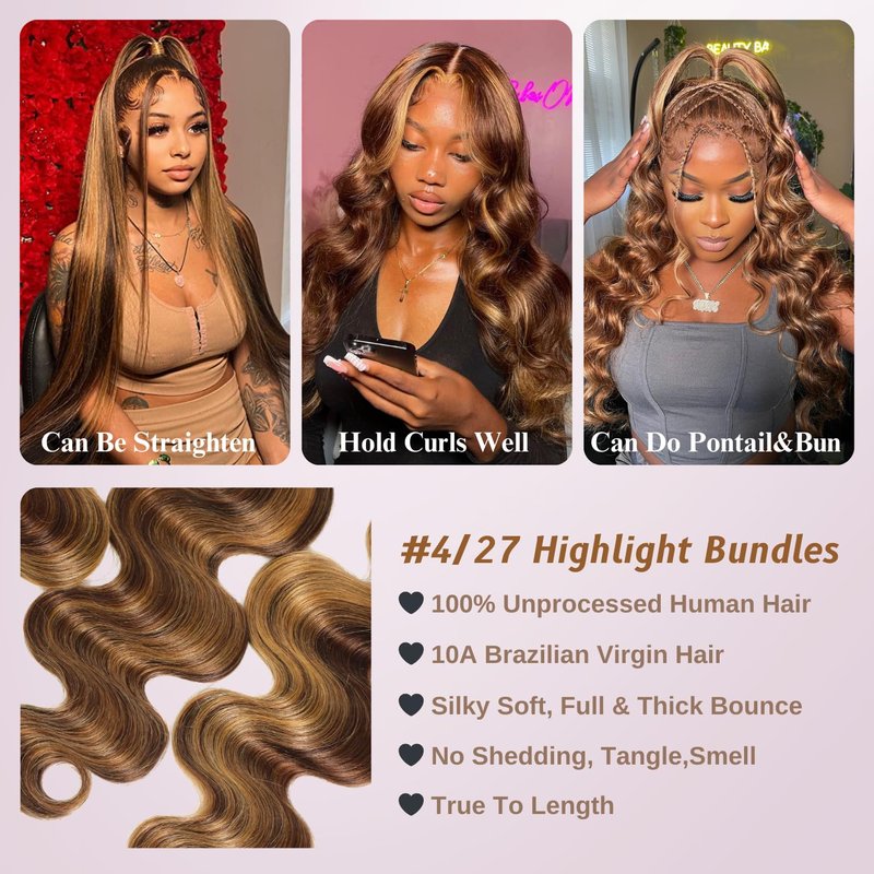 ALHER 4/27 Honey Blonde Highlight Body Wave Ombre Human Hair Bundle 16 Inch Brown Colored Bundles 12A 100% Brazilian Virgin Remy Human Hair Soft Wavy Weave 4/27 Highlight Color