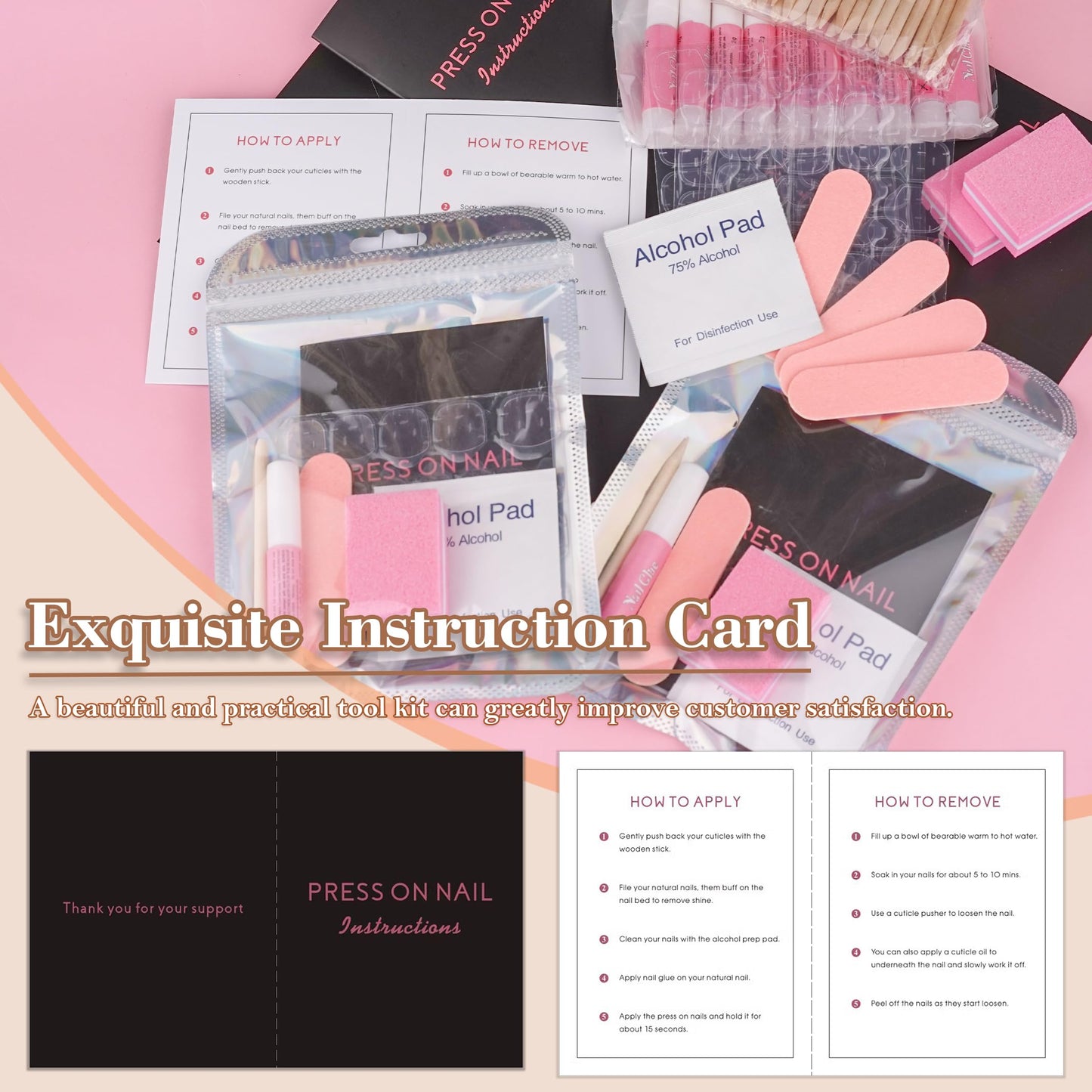 50 Set Press On Nail Tool Prep Kit for Salon Business, Disposable Manicure Kit with Nail File, Buffer, Glue, Prep Pad, Instruction Card, Adhesive Tabs, Wood Stick, Holographic Bag