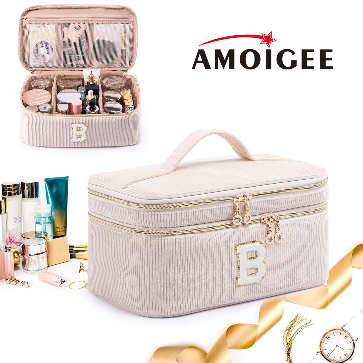 AMOIGEE Large Makeup Bag, Travel Makeup Bag Organizer, Double Layer Train Case Makeup Bag, Toiletry Bag for Makeup Brushes, Full Size Bottles, Palettes Sponge, Cosmetic Organizer