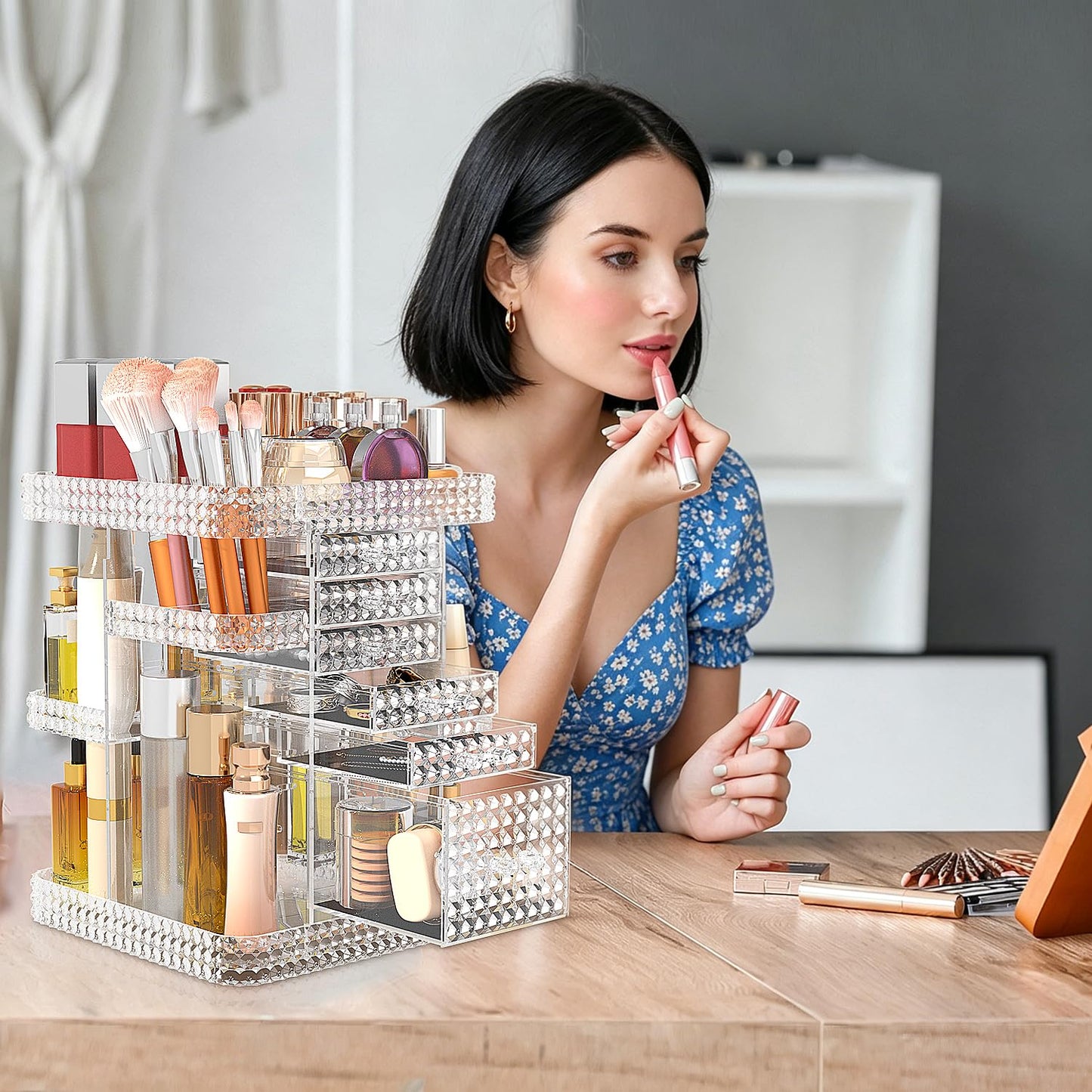 BOCONY 360 Rotating Makeup Organizer for Vanity, Large Skin Care Organizer with 6 Drawers Clear Acrylic Cosmetic Organizer Adjustable Spinning Makeup Storage Perfume Organizer for Dresser (Clear)