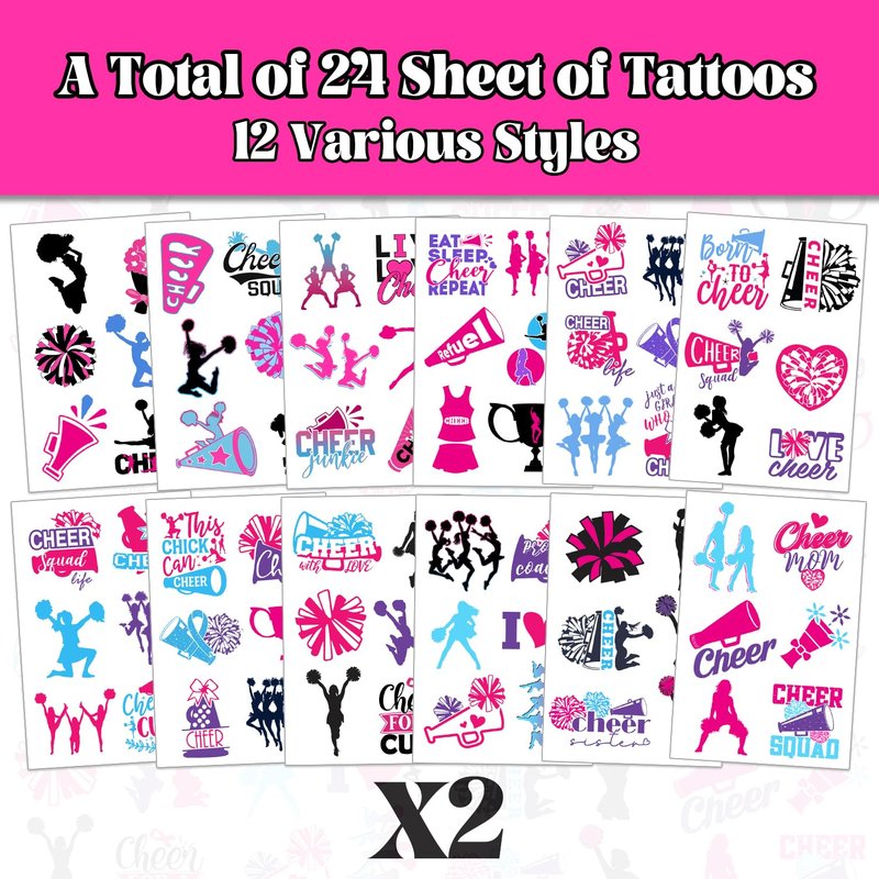 144 PCS Cheer Cheerleader Cheerleading Temporary Tattoos Stickers, Cheer Cheerleader Cheerleading Party Favors Supplies Birthday Party Decorations Sport Team Spirit Gifts, 24 Sheets