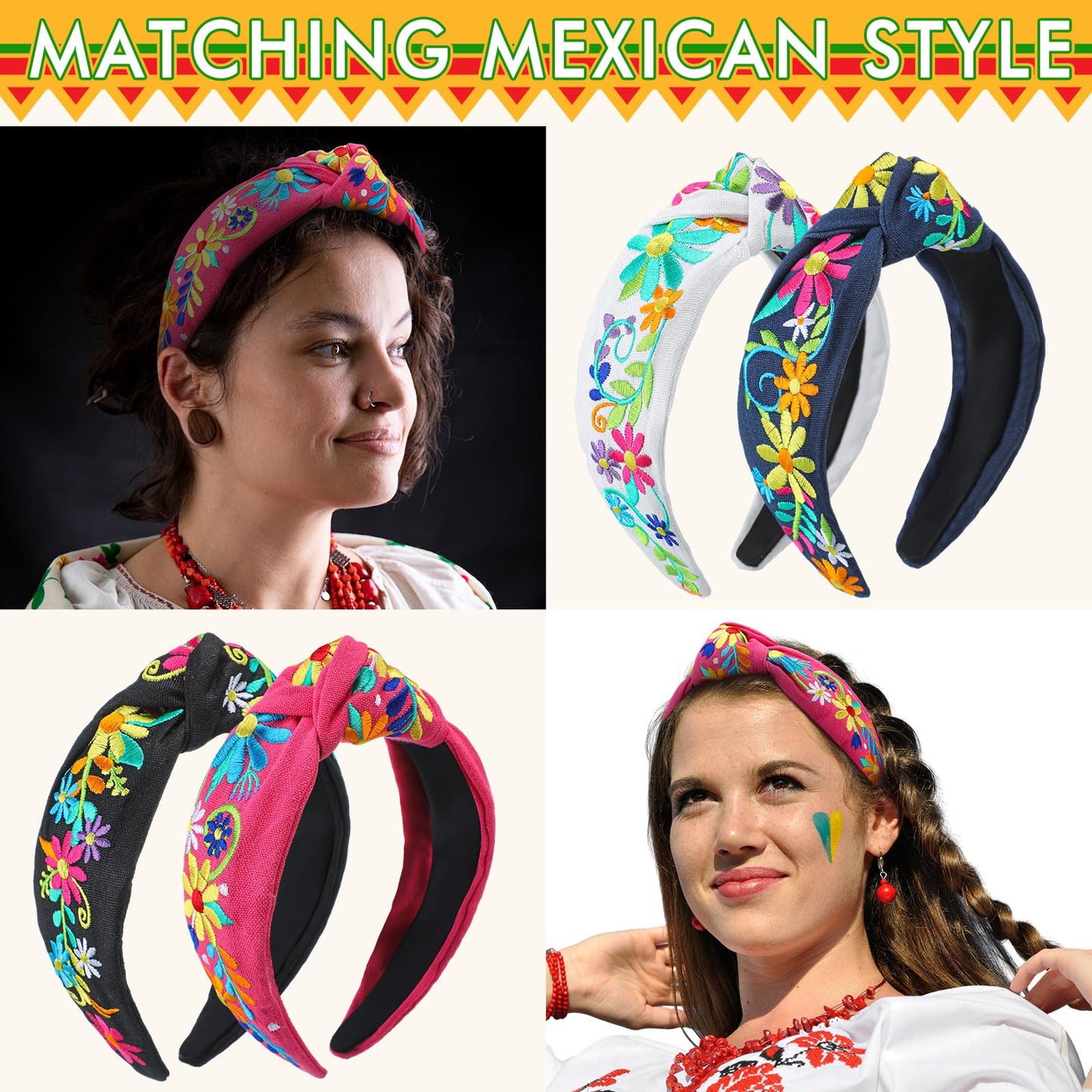 Hoteam 4 Pcs Mexican Embroidery Headband for Women Cinco De Mayo Embroidery Flower Stripe Knotted Wide Headband for Girls Party Gifts Outfit, Day of the Dead, Mexican Independence Day(Flower)