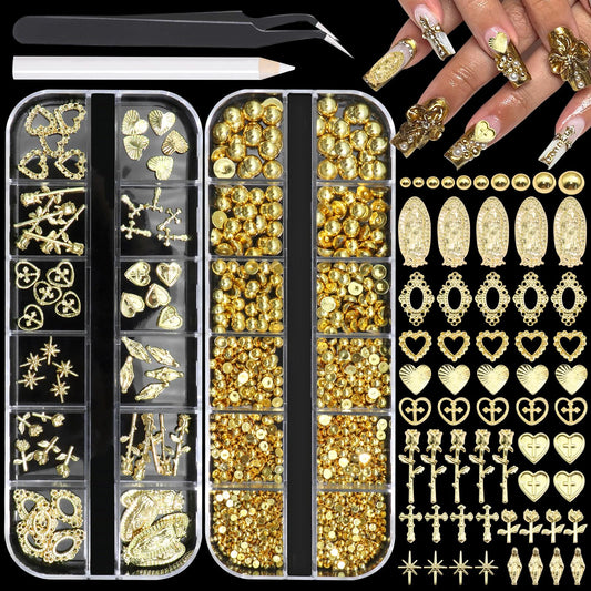 RODAKY Gold Nail Charms 3D Cross Heart Charms Metal Alloy Half Round Pearls Chrome Vintage Nail Art Gems Decoration Kit with Tweezer Pencil