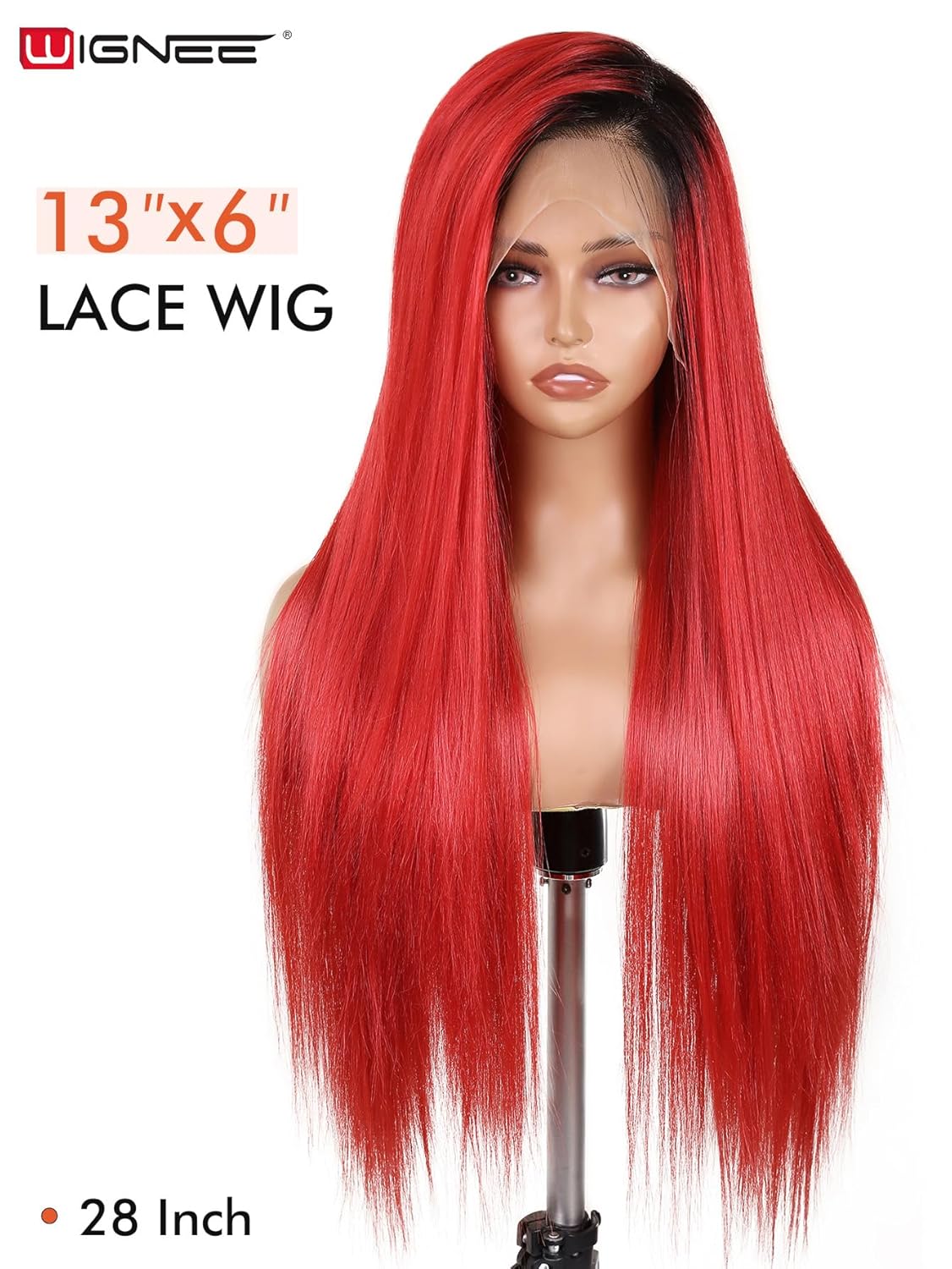 WIGNEE 13x6 Synthetic Lace Front Wig - 28" Long Straight Red Wig | Pre-Plucked, Glueless Design for Daily Wear