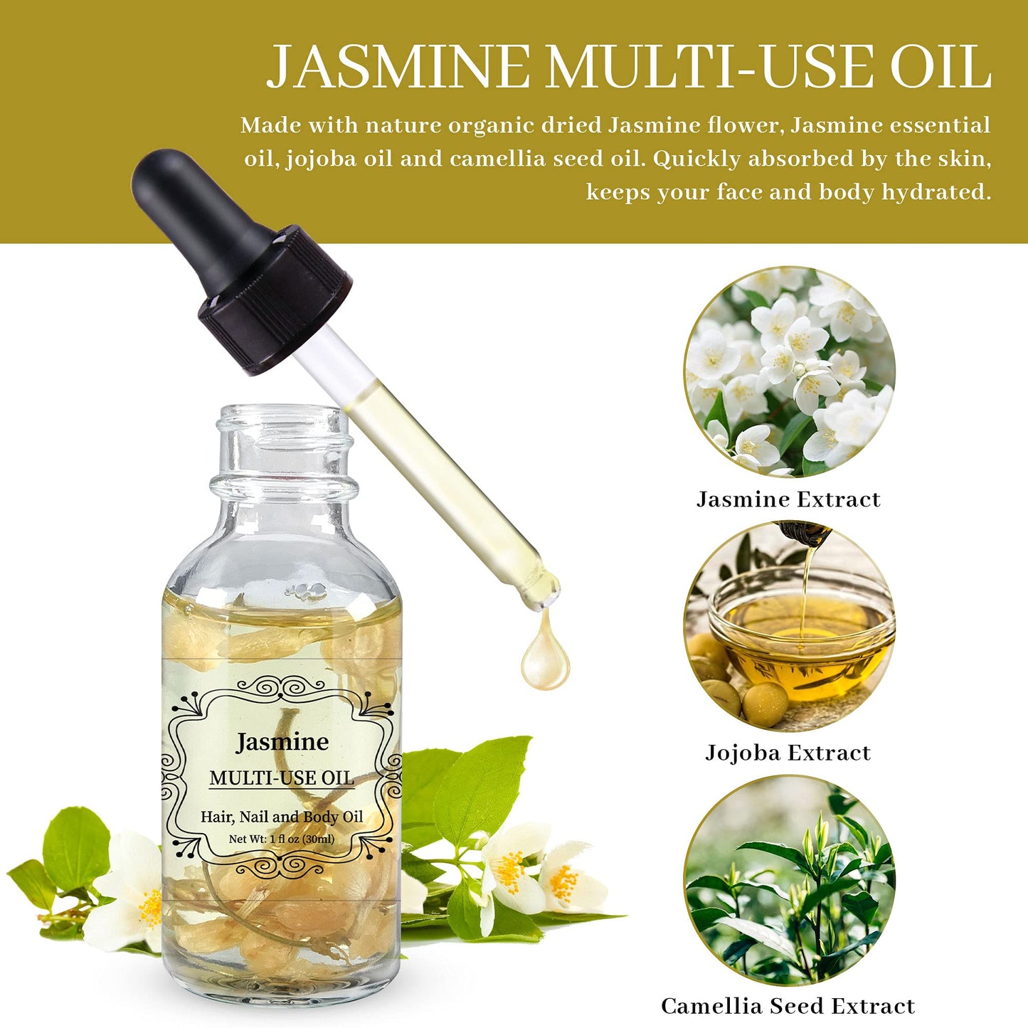 Jasmine Multi-Use Oil for Face, Body and Hair - Plant Fragrant Essential Oil for Dry Skin, Scalp and Nails - 1 Fl Oz