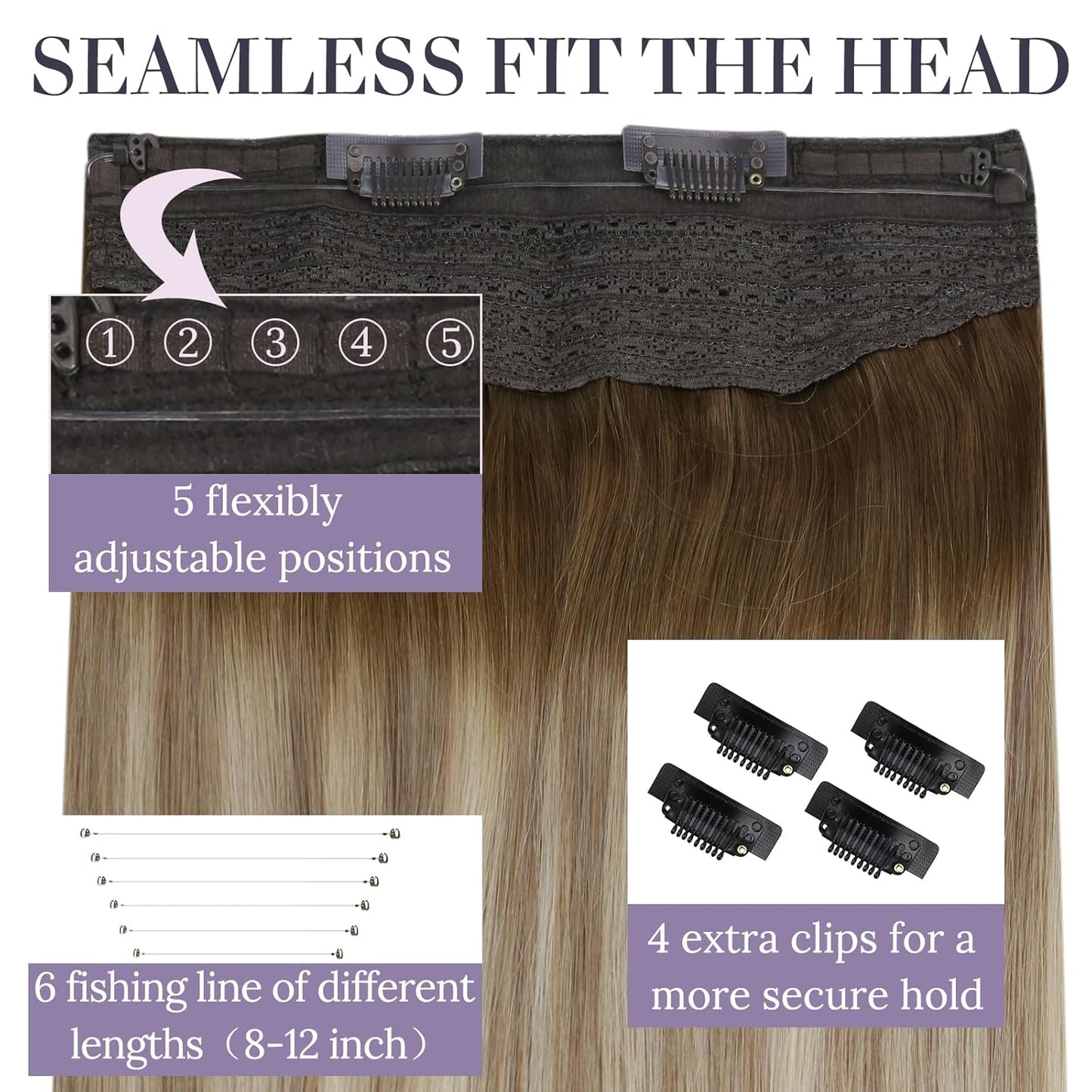 Invisible Wire Hair Extensions - Balayage Olive Brown to Ash Brown Mix Blonde, 12 Inch, 76g Remy Human Hair for Quick Volume