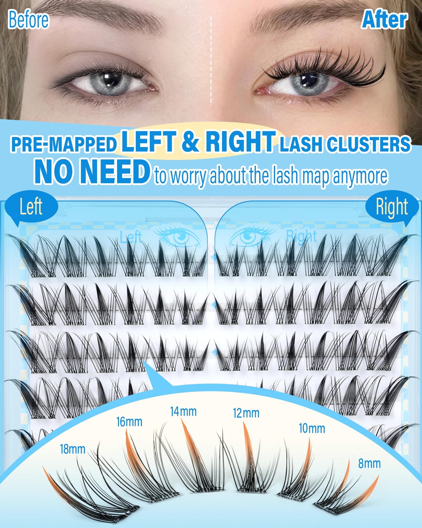 Cat Eye Self Adhesive Eyelash Natural Self Adhesive Lash Clusters Wispy Pre-Mapped No Glue Lash Clusters C-Curly Fox Eye Pre Glued Eyelashes Clusters 8-18MM by Zegaine