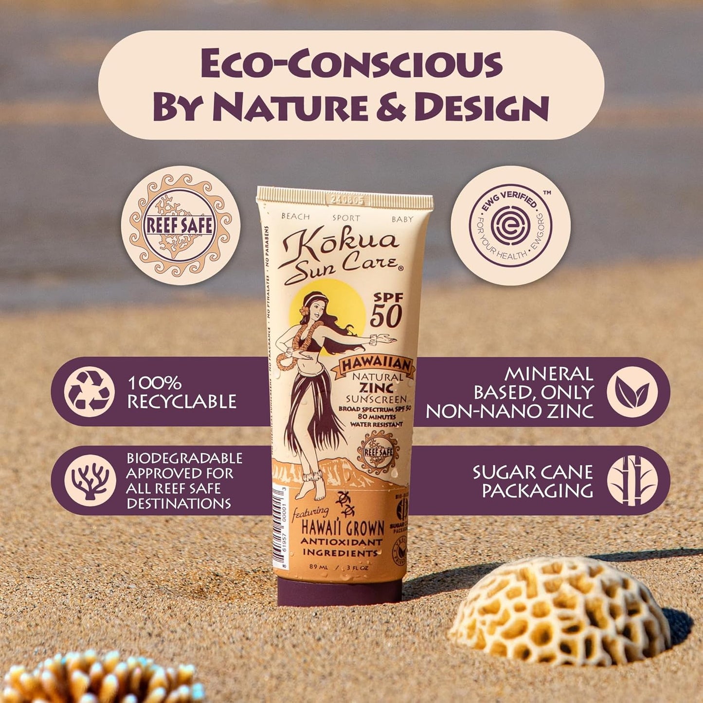 Hawaiian Sunscreen SPF 50 - Reef Safe Mineral Protection | 3 oz | Zinc Oxide | Moisturizing & Water Resistant