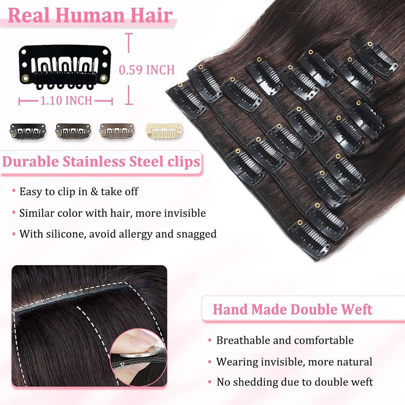 Real Human Hair Clip-In Extensions - Seamless Invisible 8Pcs Double Weft Dark Brown 14 Inch 80g
