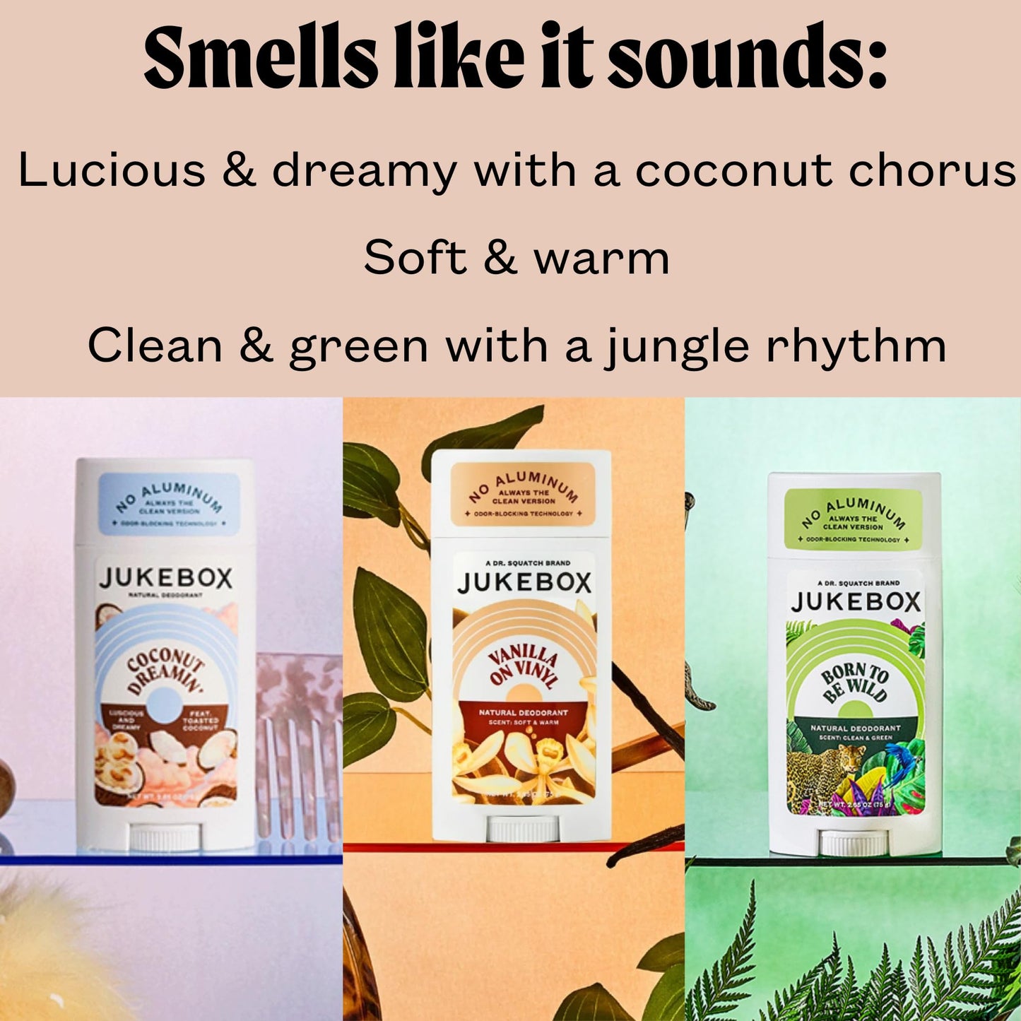 Jukebox Natural Deodorant for Women–Coconut Dreamin', Vanilla on Vinyl & Born To Be Wild, Multi Pack-Aluminum-Free, No Baking Soda, No Harsh Chemicals, Odor Blocking-a Dr. Squatch Brand-2.65oz,3 Pack