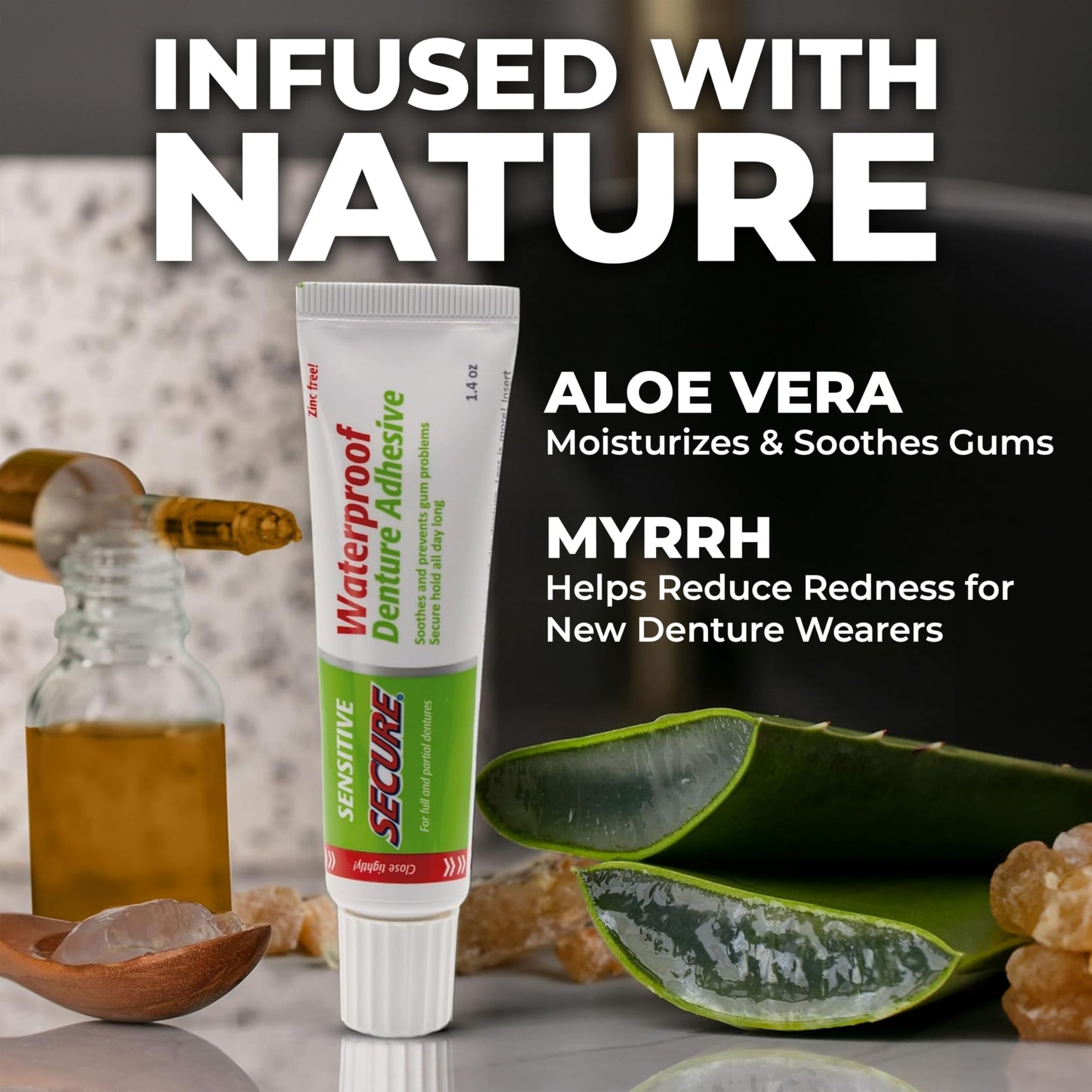 Secure Sensitive Denture Adhesive with Aloe Vera & Myrrh to Nourish Your Gums – Uppers, Lowers & Partials - Waterproof & Zinc Free - Food Grade Ingredients - Less Adhesive, More Hold - 1.4 oz (5 Pack)