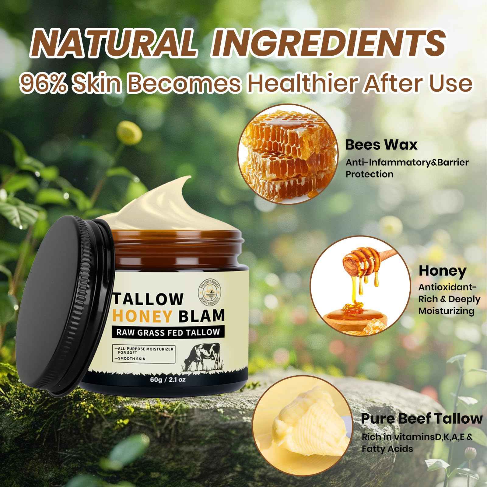 Beef Tallow for Skin, Tallow Face Moisturizer, Organic Grass-Fed Beef Tallow Balm with Raw Honey Blend, Hands, Body & Face Moisturizer, Natural Formula, Light Scent for Women and Men