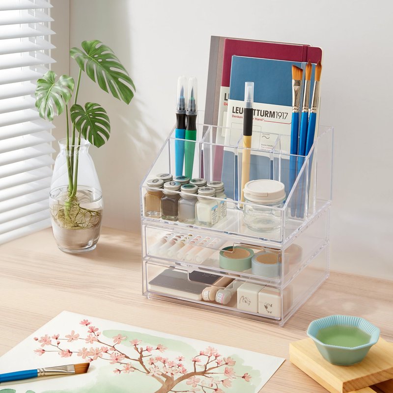 STORi Stackable Desk and Drawer Organizer, Clear Pen Pencil Makeup Brush Holder for Desktops and Vanities, 6 Compartment Caddy with 2 Wide Drawers (Made in USA)