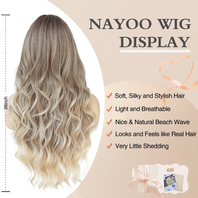 NAYOO Long Wavy Blonde Wig for Women - 26 Inch Ash Blonde Ombre Wig with Dark Roots, Natural Looking Dirty Blonde Ombre Wig, Middle Part Heat Resistant Fiber Wig for Daily Wear Party Cosplay
