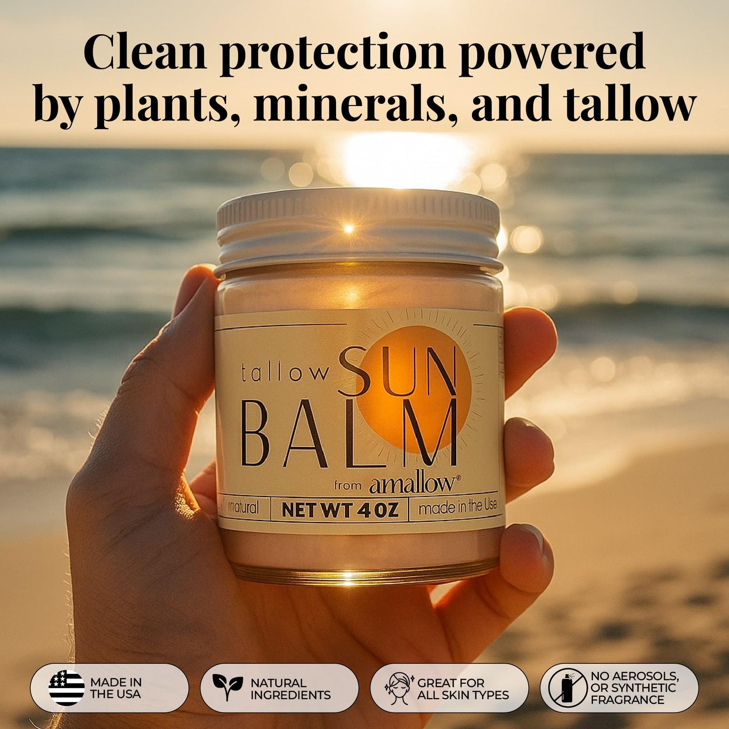 Amallow - Tallow Sun Balm with Zinc Oxide - Tinted Mineral Sun Balm with Cocoa Powder - Natural, Non-Nano Zinc Oxide, Organic Oils - No White Cast - Handcrafted in the USA - 4 oz