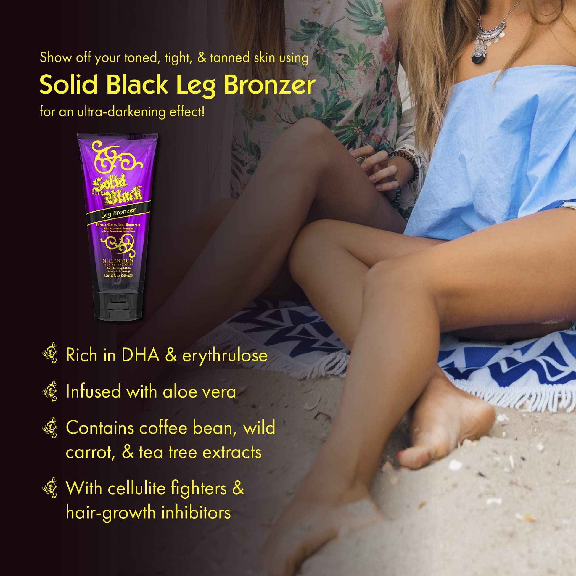 Millennium Tanning Solid Black Leg Bronzer – Ultra Dark Tanning Lotion with Aloe Vera, Cellulite Fighters & Hair Growth Inhibitors (6.78 oz)
