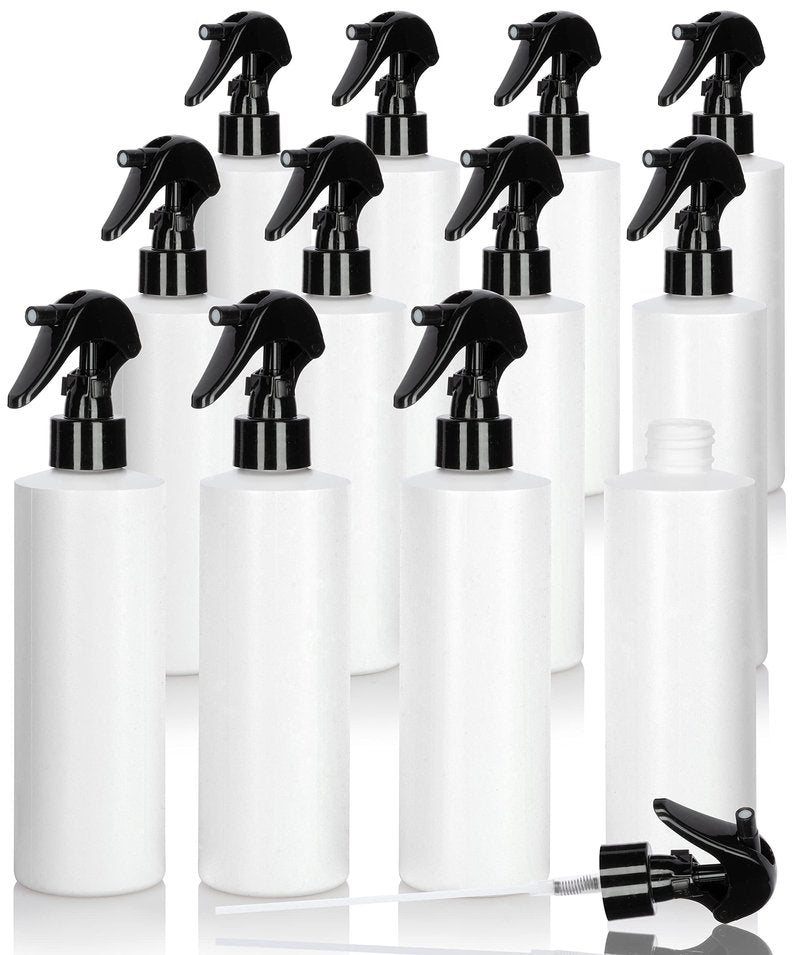 JUVITUS 8 oz / 240 ml White Refillable Plastic Cylinder Squeeze Bottle with Black Trigger Sprayer - 12 PACK