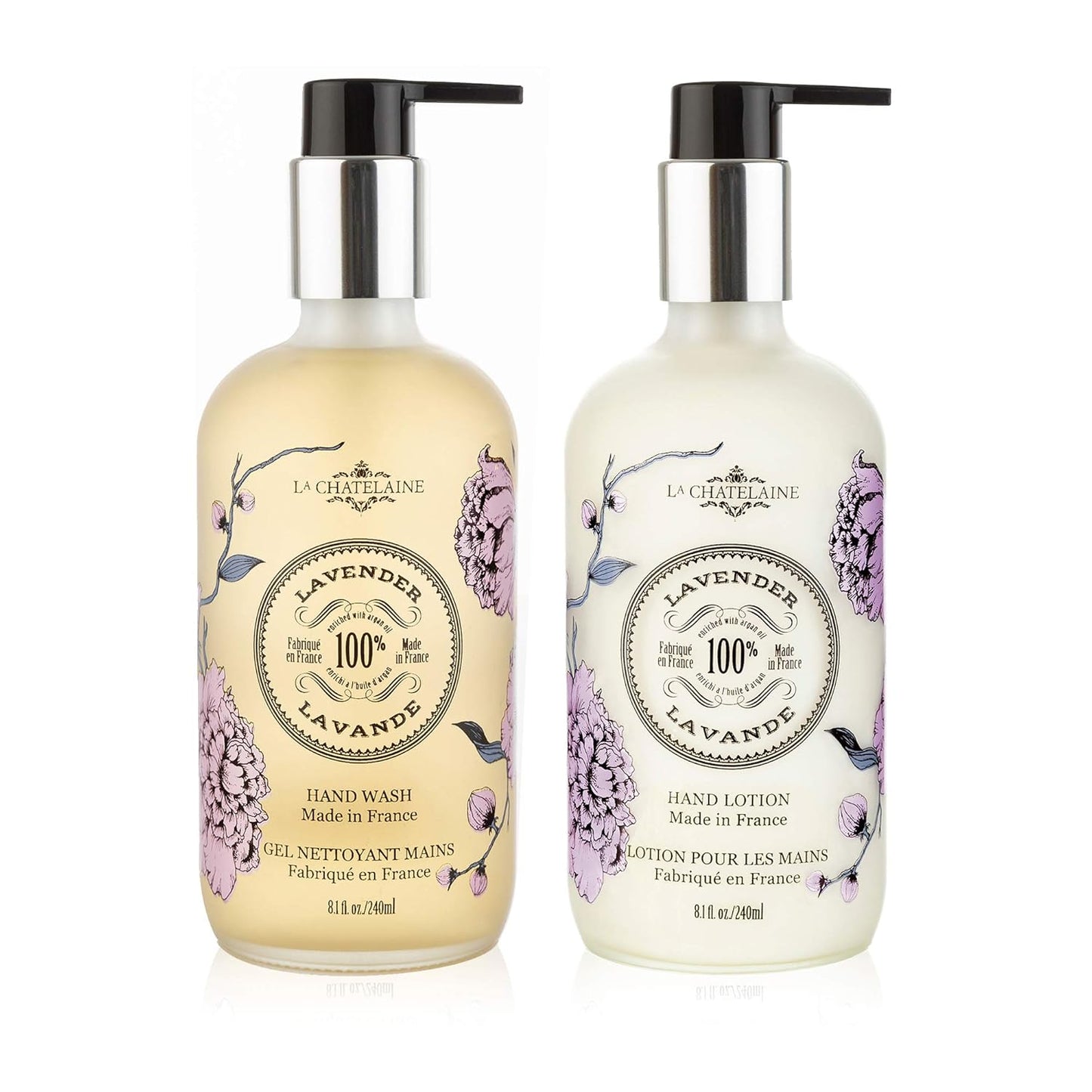 La Chatelaine Hand Wash & Lotion Set - Sulfate-Free Shea Butter Formula | 2 x 8.1 oz. Frosted Glass Bottles (Lavender)