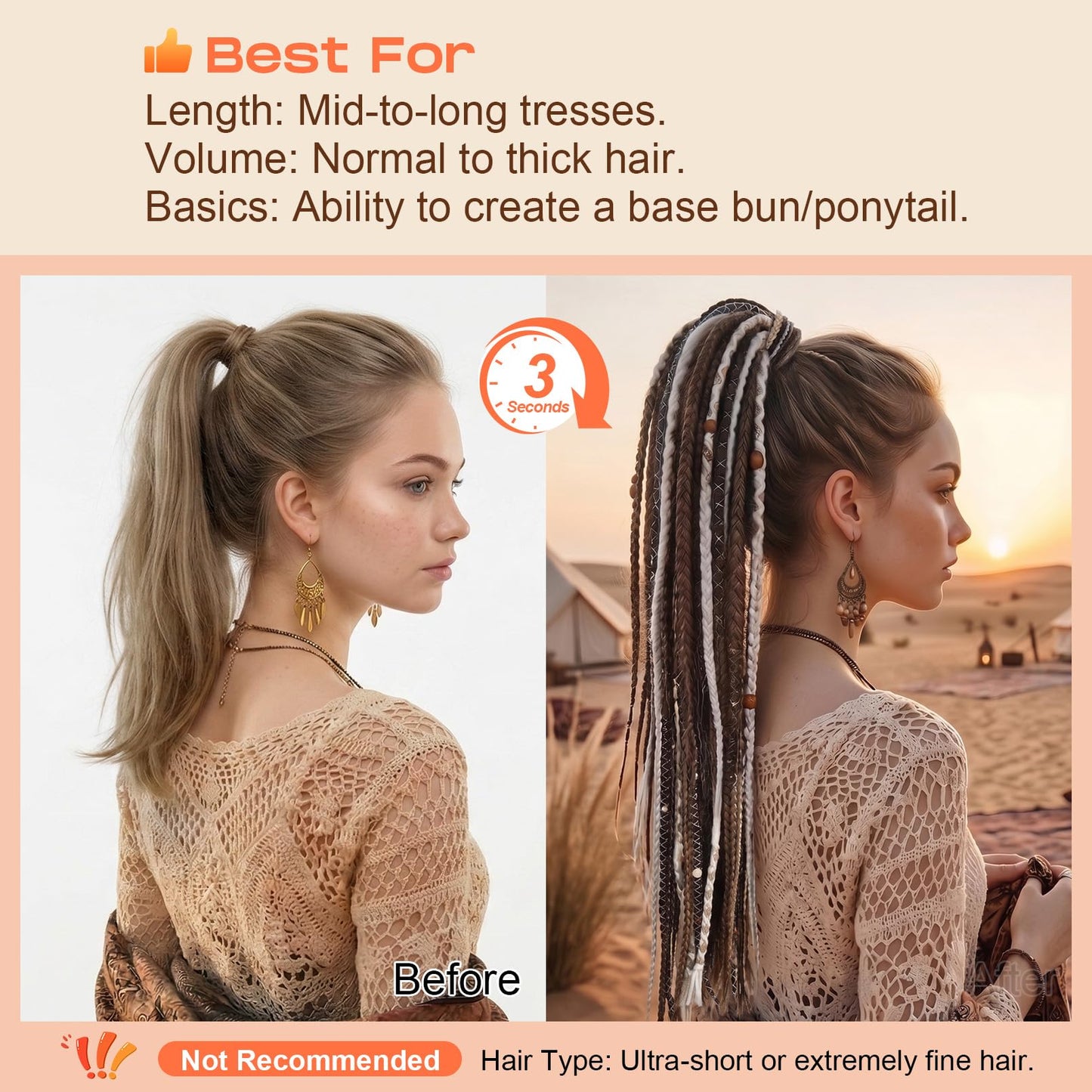SEIKEA 2PCS Boho Braided Ponytail Extension with Hair Tie, 24" Long Viking Dreadlock Beads Ponytail Hand-braided Braids Hair Extensions Lightweight Natural Synthetic Hairpiece for Festival Cosplay