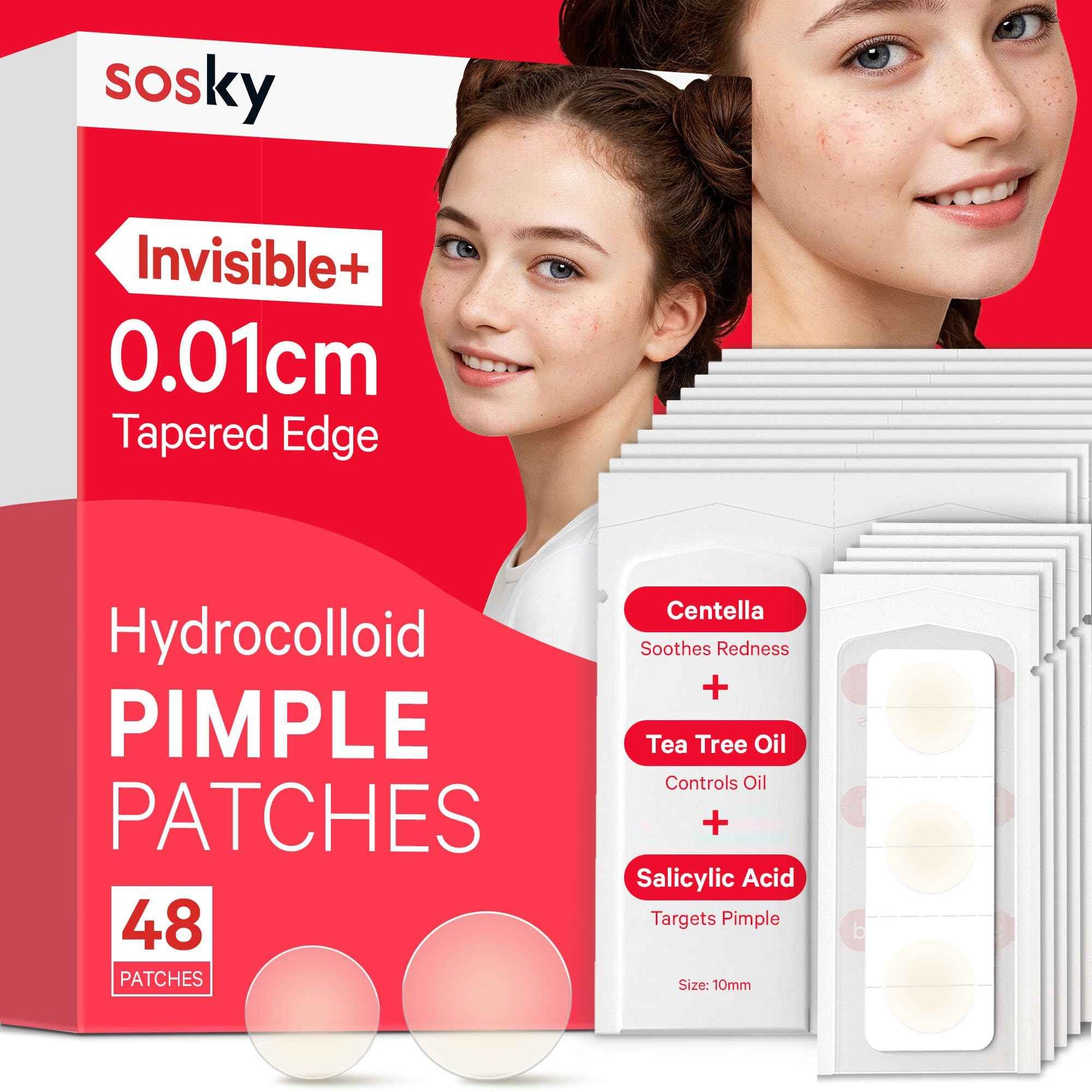 Sosky Pimple Patches for Face, FSA HSA Eligible Invisible Hydrocolloid Acne Patches, Pimple Patches for Covering Zits, Blemishes with Salicylic Acid 2 Sizes 48 Count and 96 Count