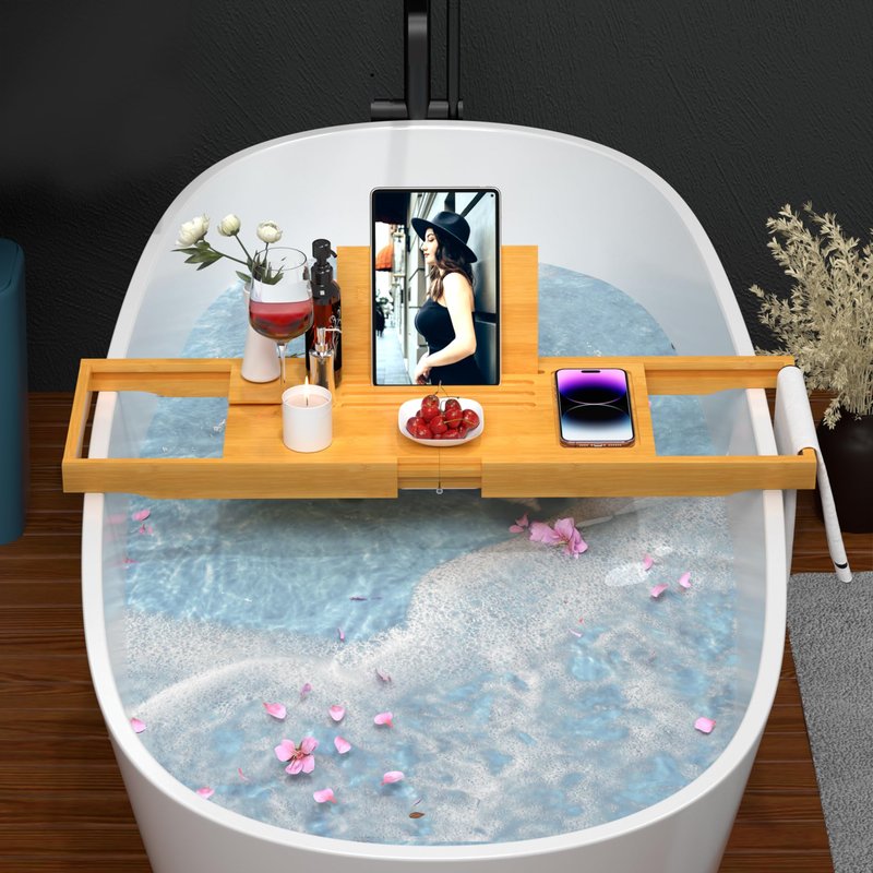 Premium Bathtub Caddy Tray,Expandable Bamboo Bath Tray for Tub,Foldable Minimalist Bathroom Accessories with Book Stand for Home Spa Relaxing,Unique House Warming Gifts,Natural