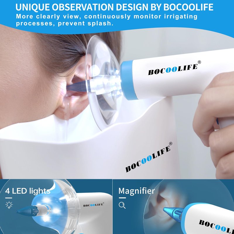 BOCOOLIFE Electric Ear Wax Removal Kit – Water Flushing Irrigation System Ears Flush Cleaner Powered Cleaning 4 Pressure Settings, Safe & Effective Ear Cleaning for Adults, Includes 5 Tips