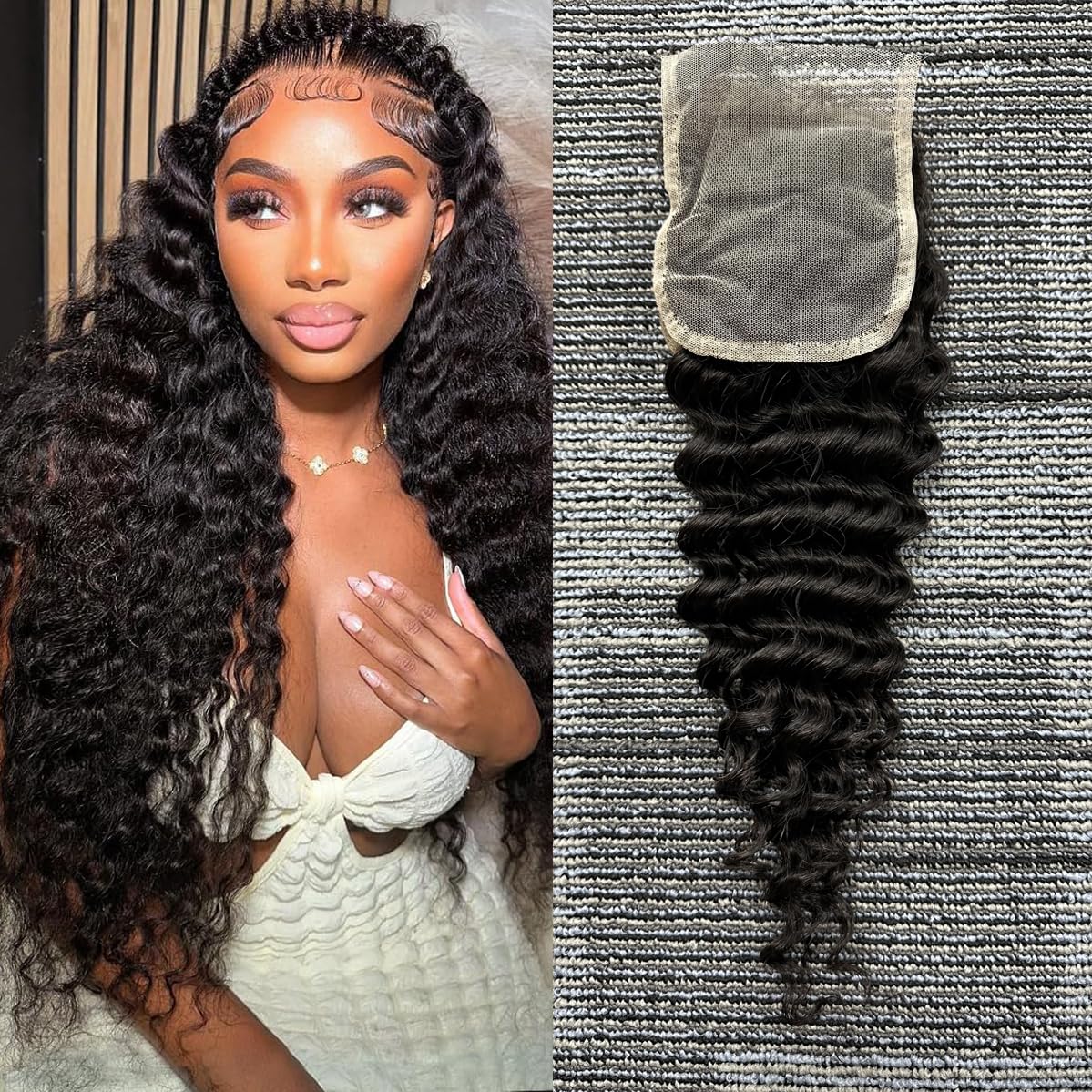 4x4 Lace Closure Human Hair 20 Inch Deep Wave Closure Pre Plucked with Babyhair Free Part Transparent Lace Closure 100% Unprocessed Brazilian Virgin Human Hair Closure Natural Black