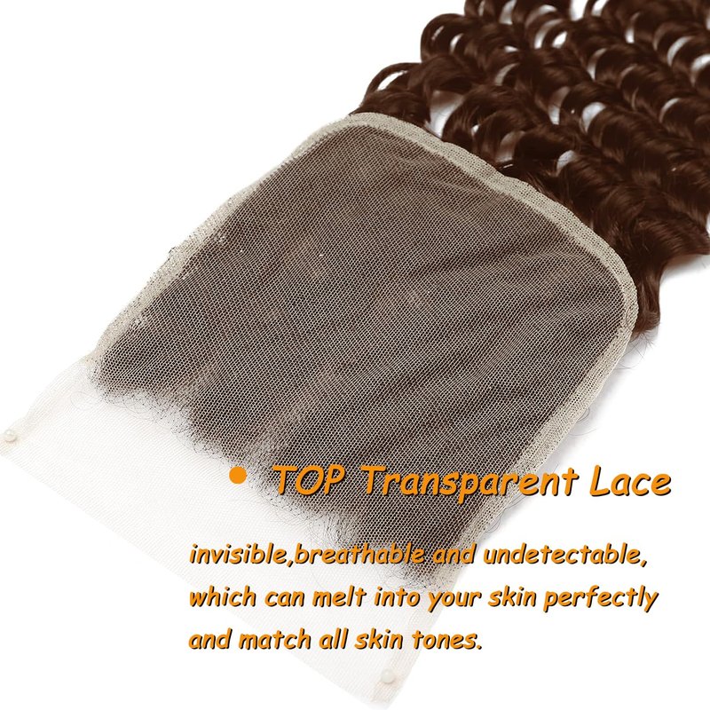 Brown Deep Wave Closure - 4x4 Transparent Lace Closure | 14-Inch Dark Brown Virgin Hair with Pre-Plucked Baby Hairs