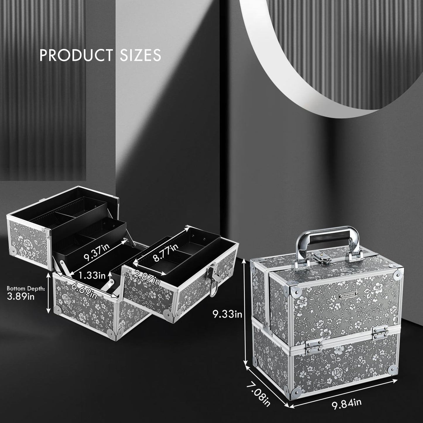 Frenessa Makeup Case Makeup Box Cosmetic Organizer Case Portable Make Up Travel Case Storage Box 4 Trays with Dividers Lockable Hard Train Case Nail Tech Supply Storag Silver Floral