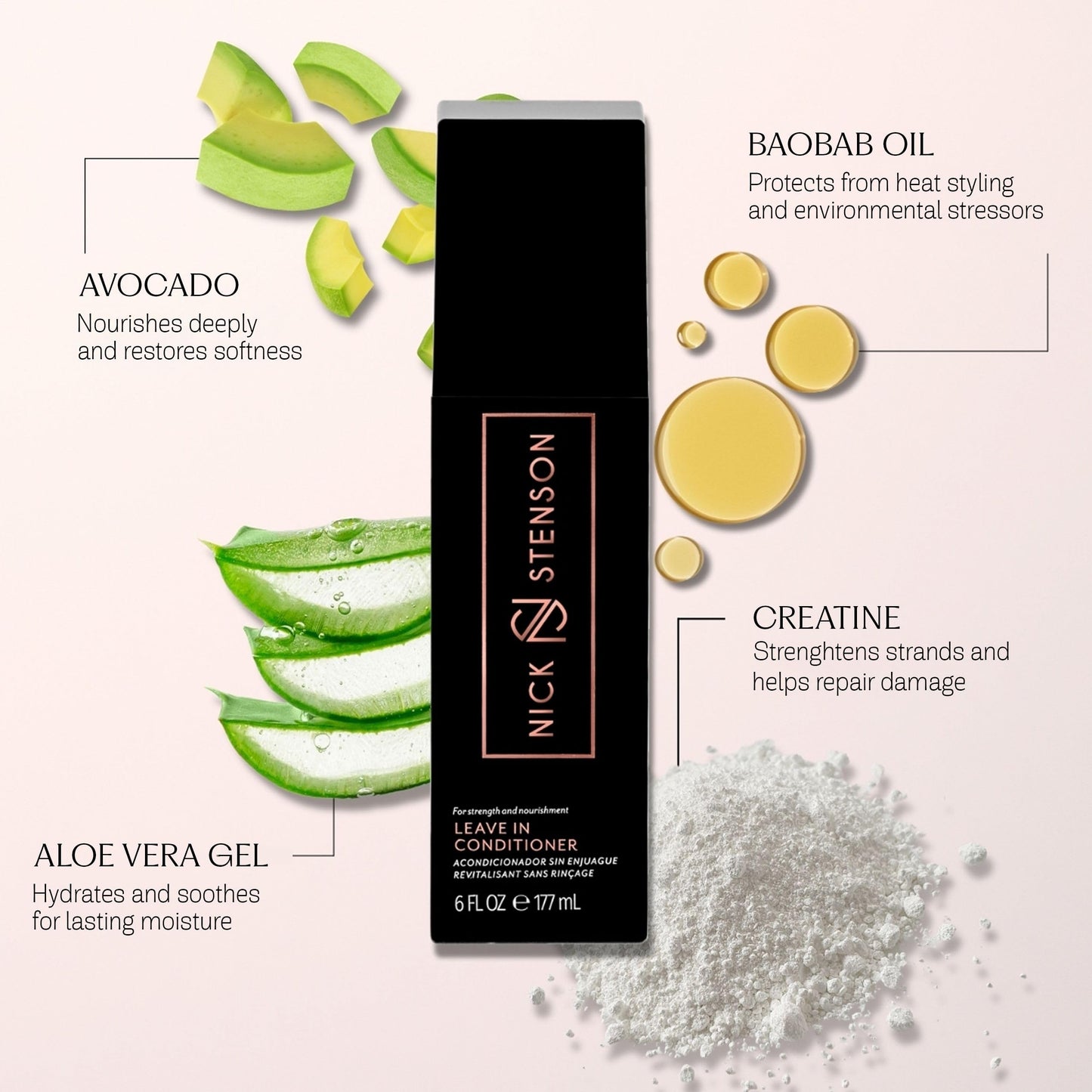 Nick Stenson Leave-In Conditioner, Hydrating Leave-In for Color-Treated & Highlighted Hair - Adds Shine, Smoothness & Provides Strength & Manageability - Color-Safe Vegan - 6 oz