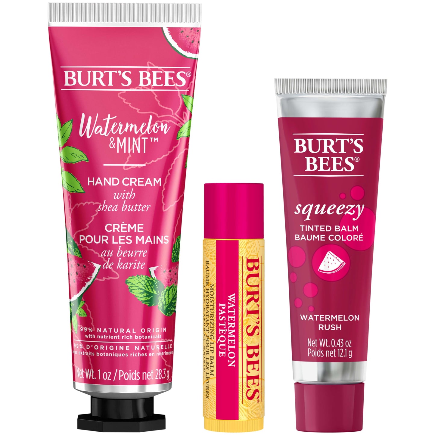 Burt's Bees Mothers Day Gifts for Mom, 3 Self Care Products, You're One in a Melon - Watermelon & Mint Hand Cream, Watermelon Lip Balm & Rush Squeezy Tinted Lip Balm (Packaging May Vary)