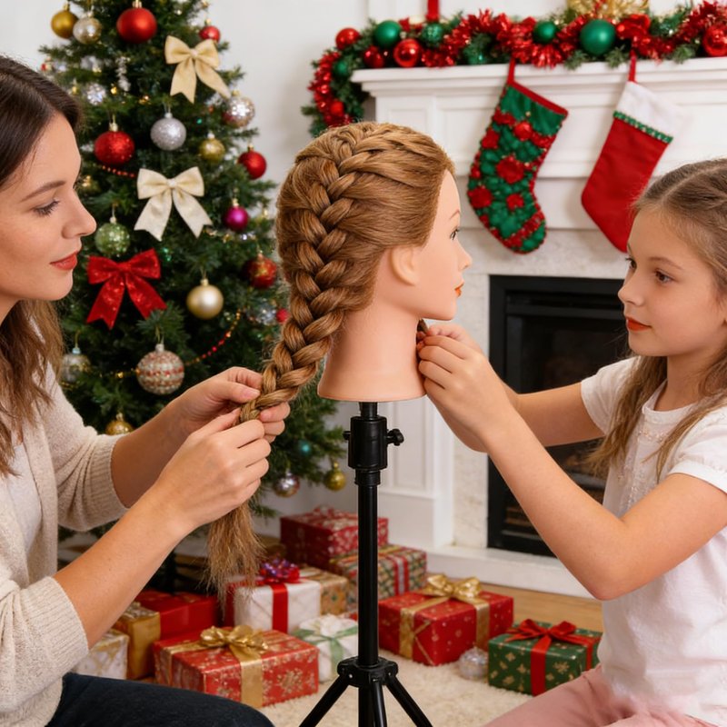 Mannequin Head with 100% Human Hair, MYSWEETY Doll Head for Hair Styling, Manikin Head Cosmetology Makeup Hairdressing Training Head with Clamp Holder and Tools(18" Brown, Makeup)