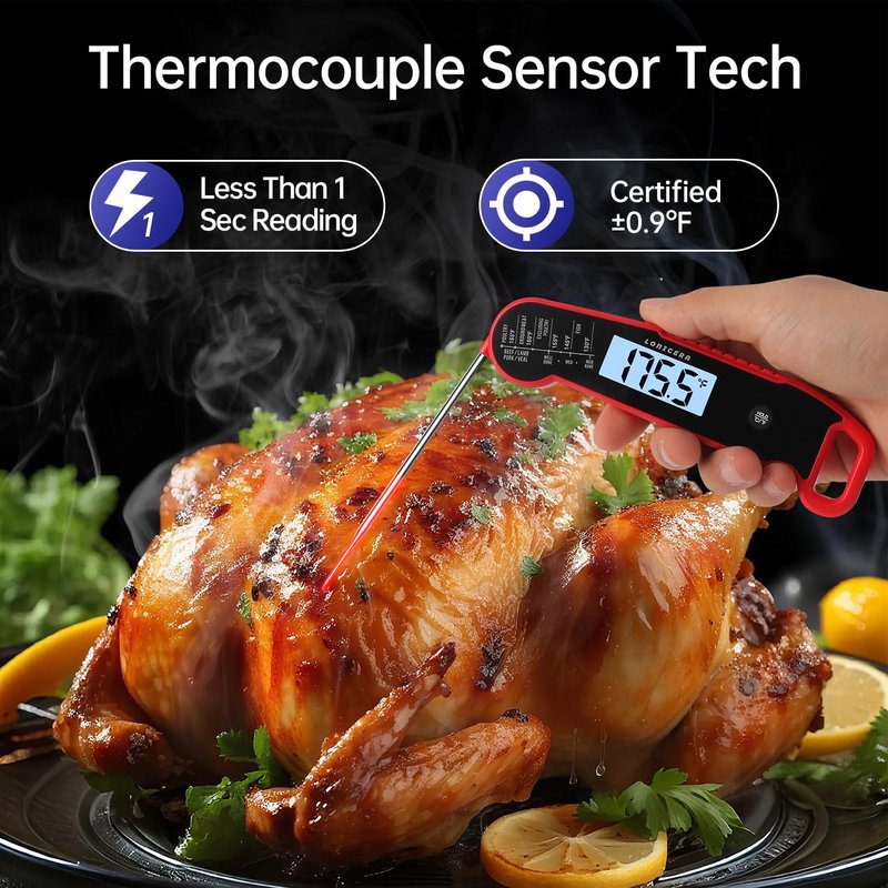 Lonicera Digital Meat Thermometer for Food Cooking. Instant Read Within 1 Sec and ±0.9℉Accuracy with Thermocouple Sensor. IP67 Waterproof, Auto-Rotating Display, Auto Wake up (Red)