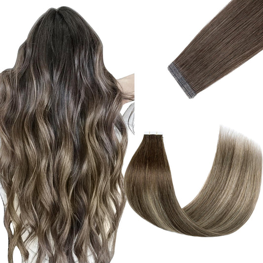 FUOTONBUTY Tape in Hair Extensions Real Human Hair Double Stitched Invisible Seamless 20pcs 50g(Ombre Medium Brown to Honey Blonde, 18 inch)