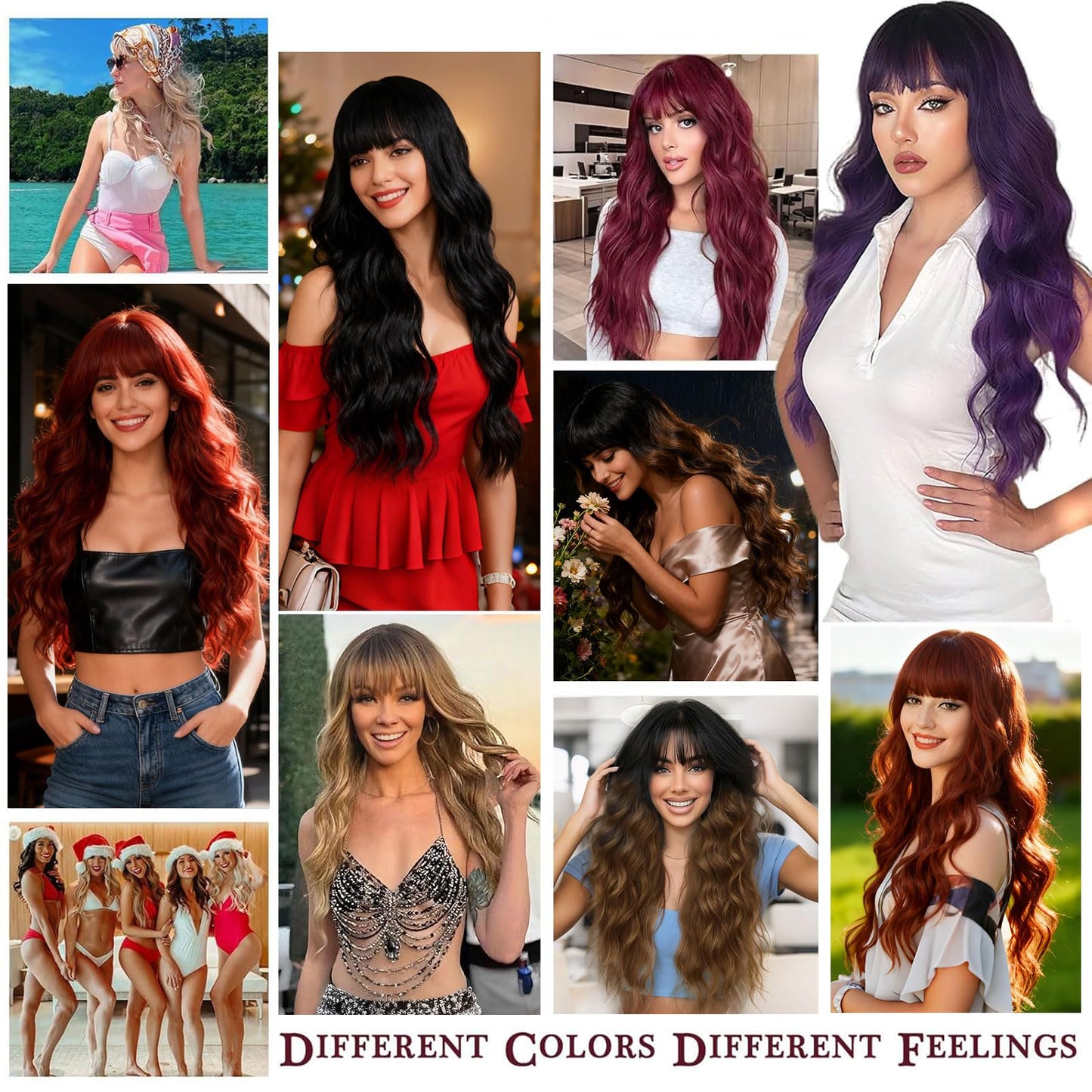 Wallden Hair Purple Wigs with Bangs Long Curly Wavy Women's Wig Ombre Heat Resistant Synthetic Bangs Wig for Daily Party Use(Ombre Purple, 26 Inches)