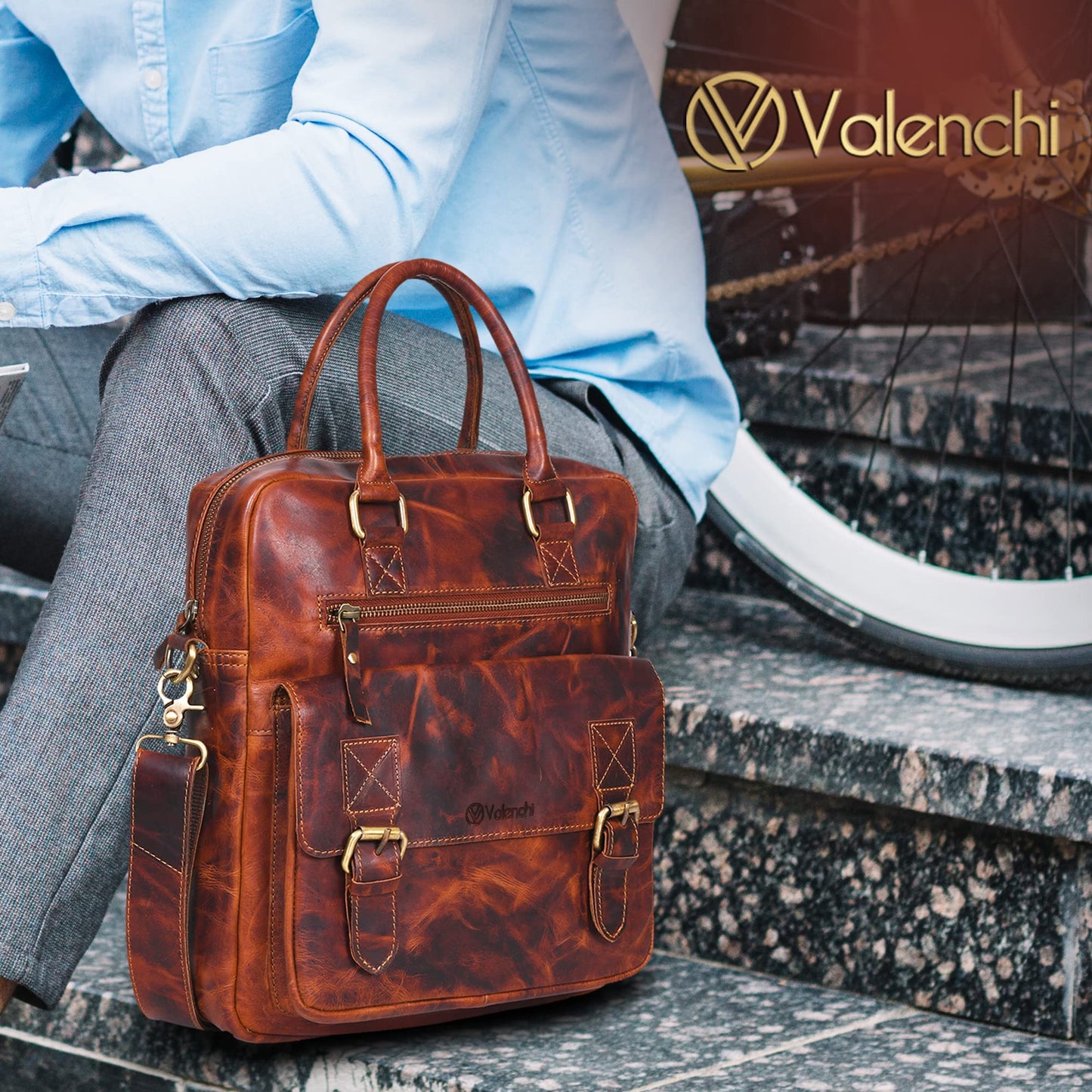 VALENCHI Leather Messenger Bag For Men - Laptop Messenger Briefcase & Shoulder Bag-Office, Work, Travel
